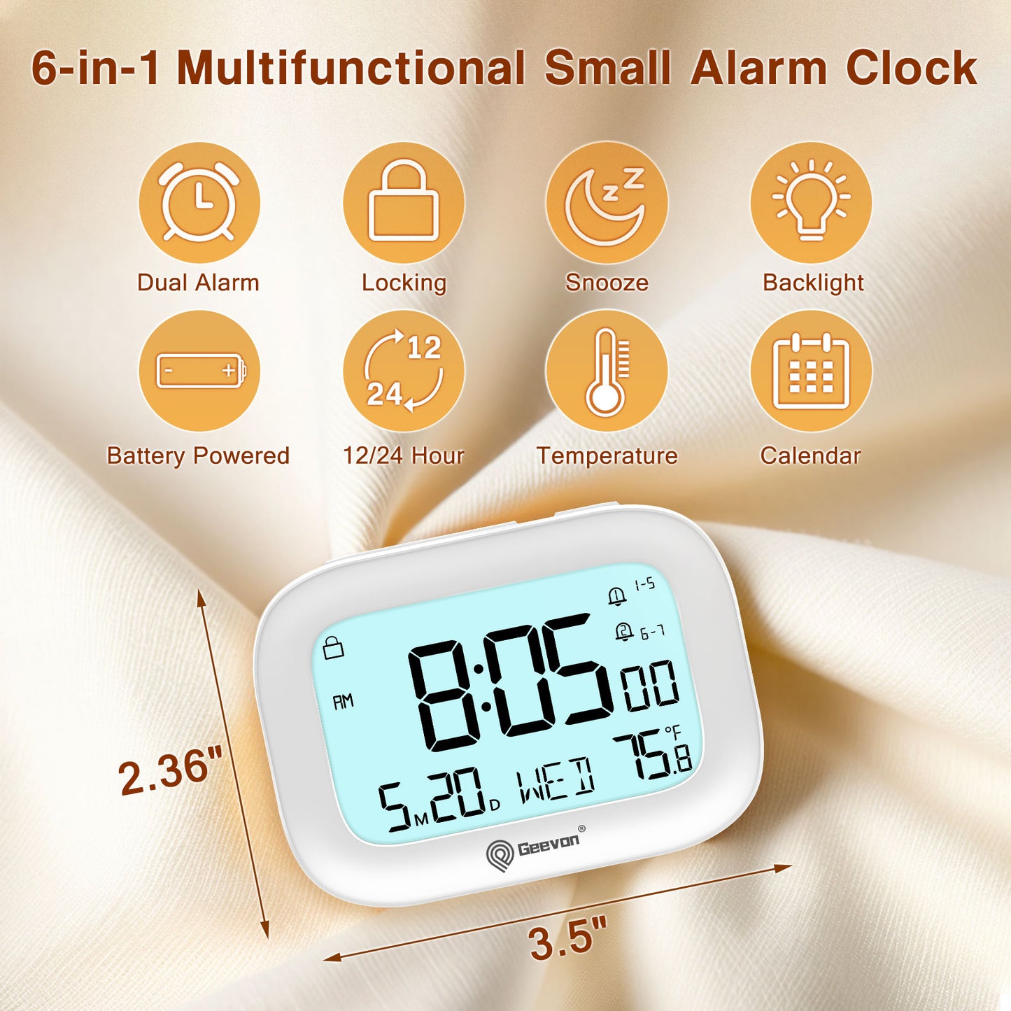 Geevon Small Travel Alarm Clock, Digital Alarm Clocks for Bedrooms Home Office, Battery Operated Desk Clock with 3 Inch Large Display, 2 Alarms, 5s Backlight, Snooze, Indoor Temperature(White)