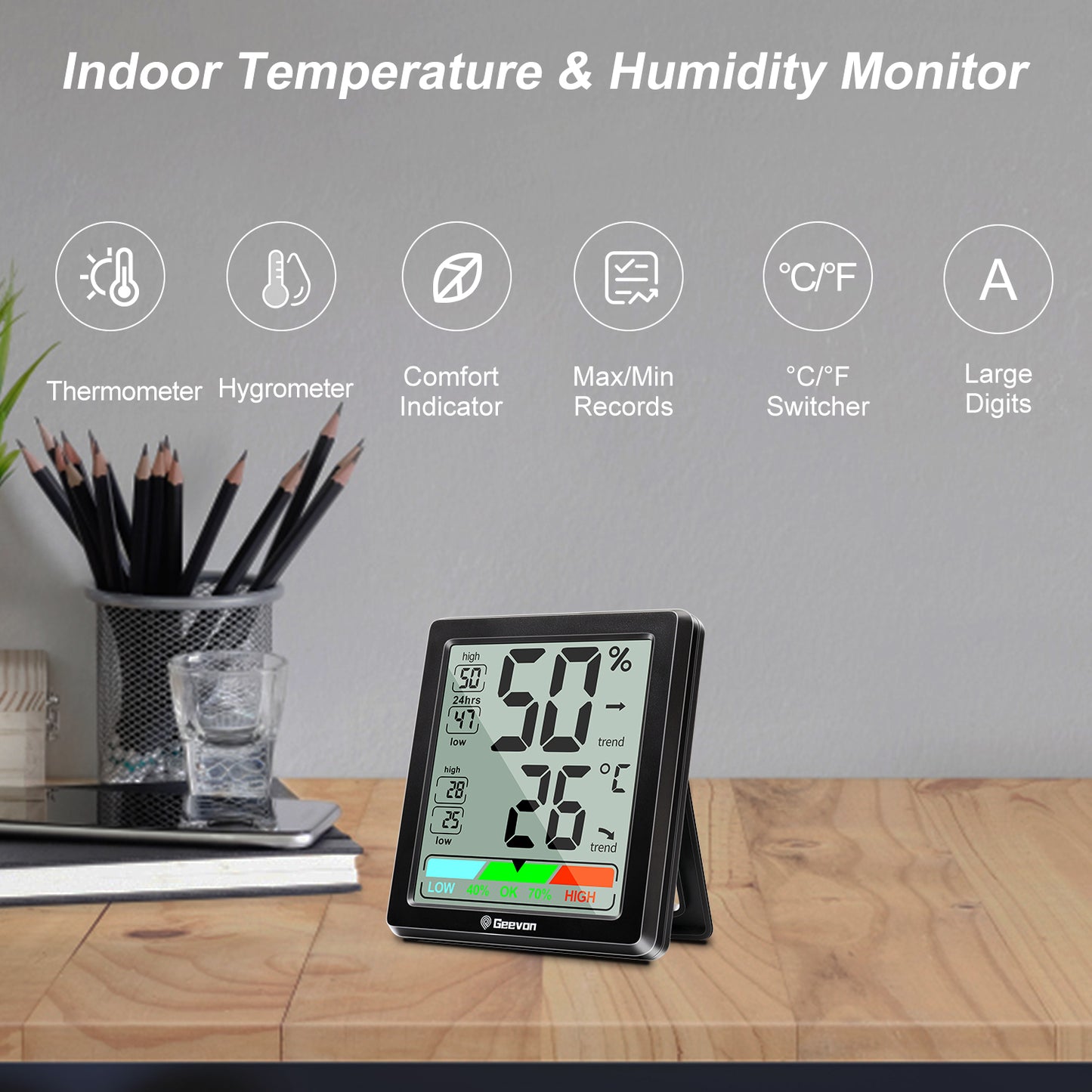 Geevon Digital Hygrometer Indoor Thermohygrometer, Room Thermometer Indoor with Accurate Sensor, Humidity Meter for Home Garage Greenhouse Baby Room(Black)
