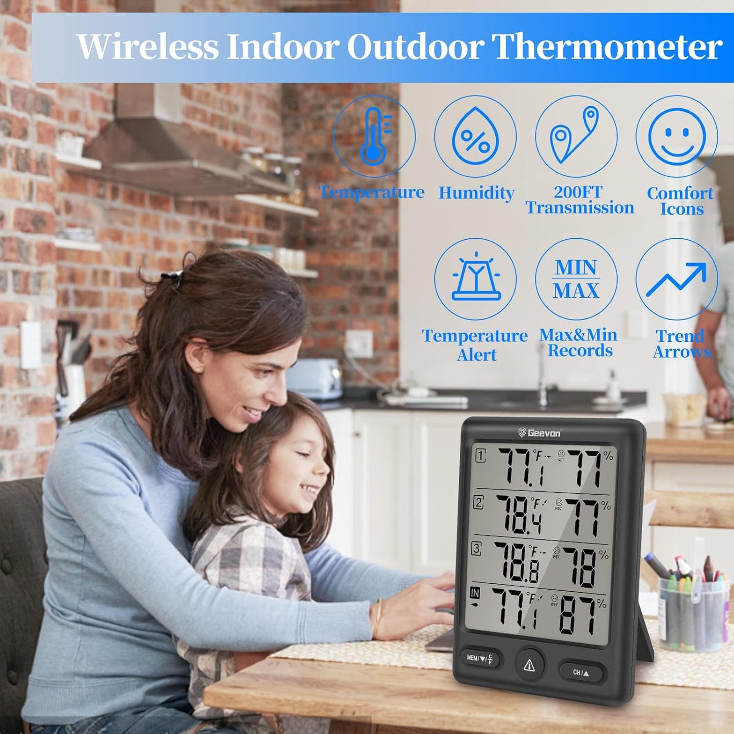 Geevon Indoor Outdoor Thermometer Wireless with 3 Remote Sensors, Wireless Thermohygrometer, Digital Temperature Humidity Meter with 200FT/60M Range(Black)