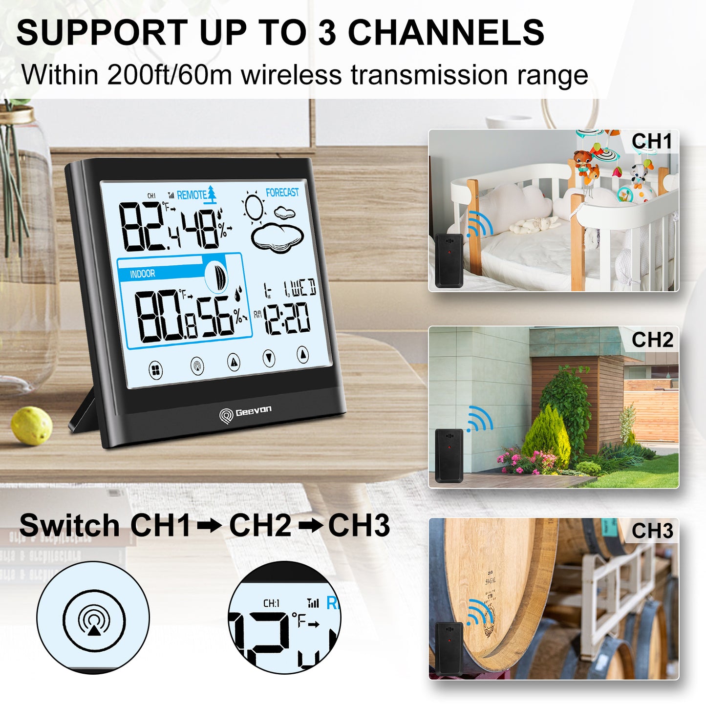 Geevon Weather Station Indoor Outdoor Thermometer Digital Wireless, Outdoor Thermometer with Backlight LCD Display & Alarm Clock for Home Office