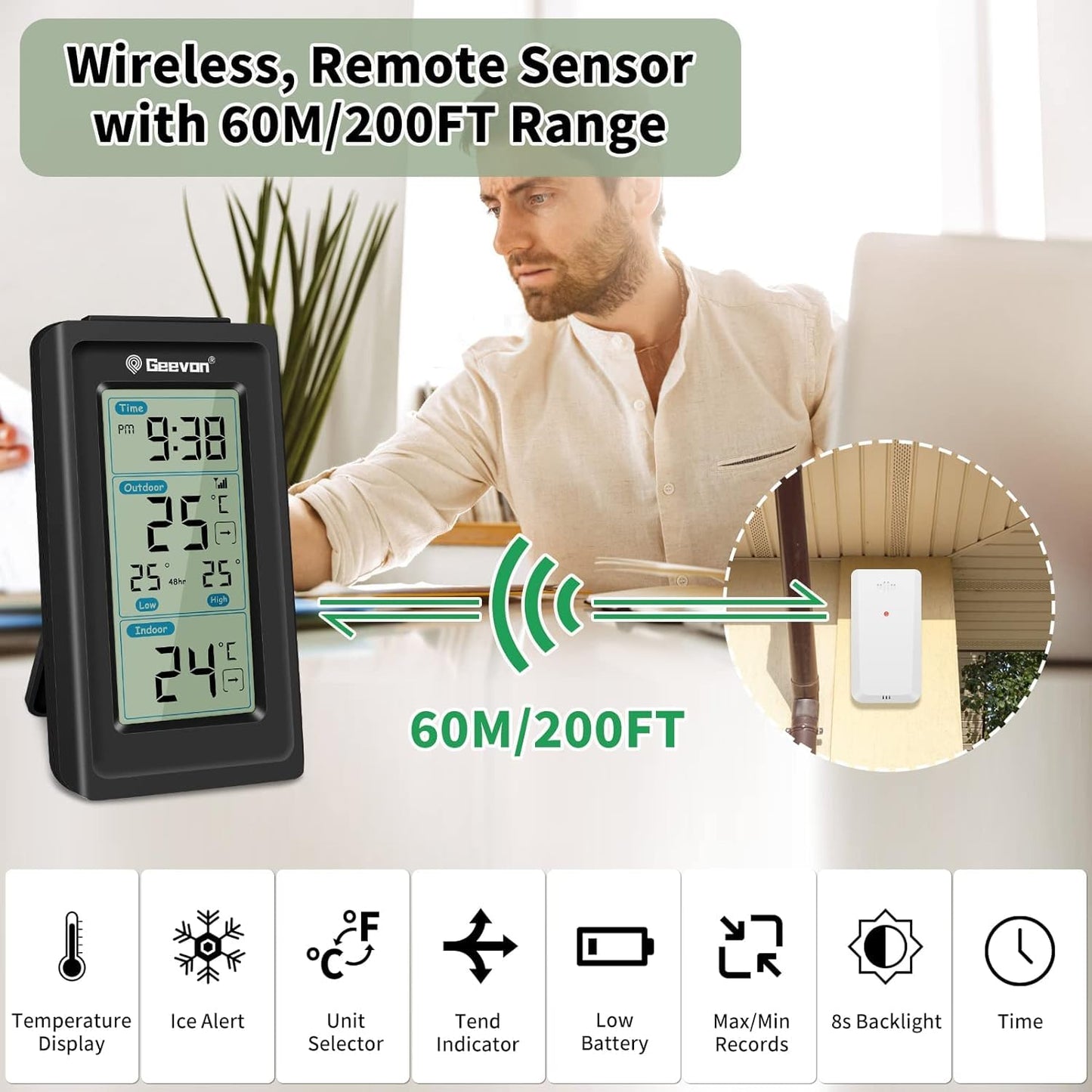 Geevon Indoor Outdoor Thermometer Wireless, Gauge with Time, High and Lows Range Outdoor Temperature Sensor(Black)