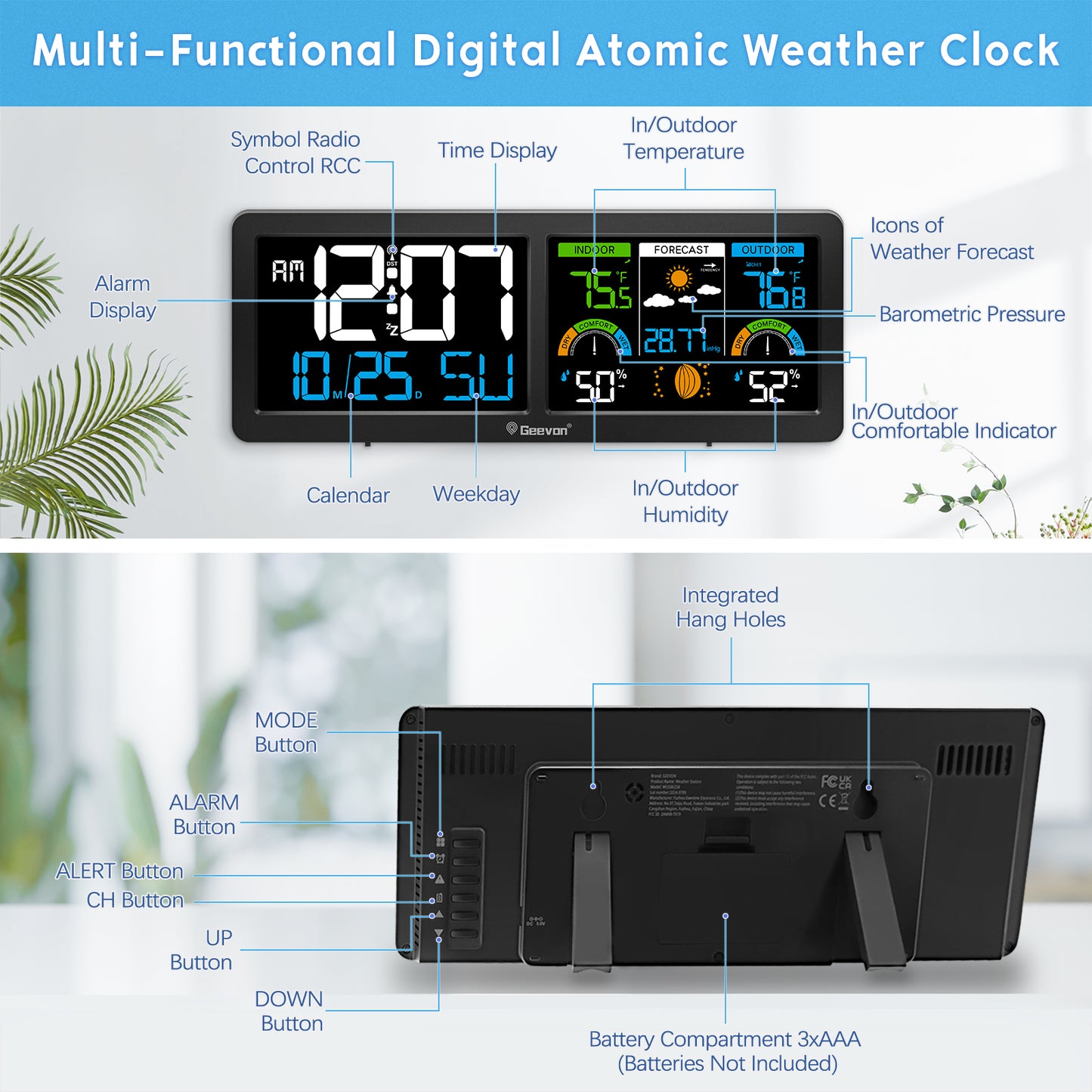 Geevon Weather Station Wireless Indoor Outdoor Thermometer with Atomic Clock, HD Color Display Digital Temperature Humidity Monitor with Barometer, Comfort Indicator, and Adjustable Backlight