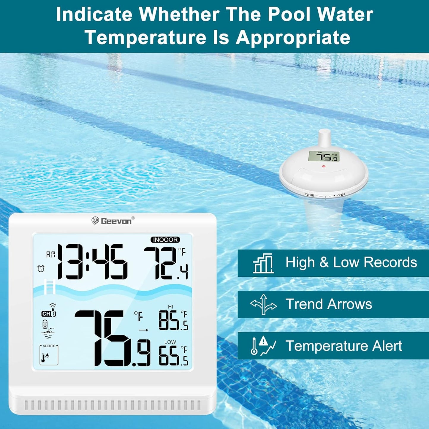 Geevon Digital Pool Thermometer Floating Easy Read, Remote Digital Pool Thermometer Wireless with High & Low Alert, 4.9" Large Display and 10S Backlit for Swimming Pool, Bath Water, Spas and Hot Tubs