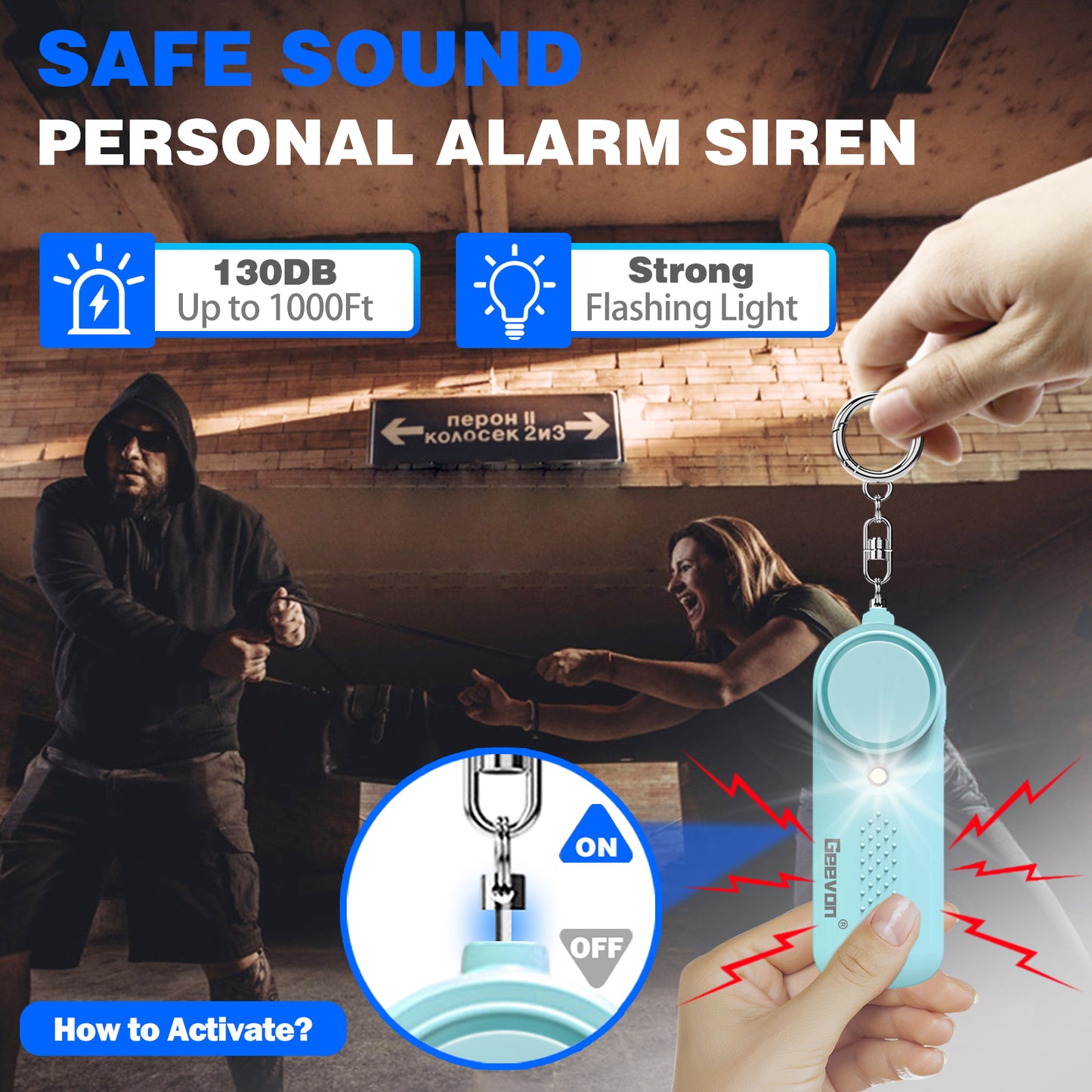 Geevon 2 Pack Personal Safety Alarms, 130DB Safe Sound Self Defense Alarm Siren with Strobe Light, Emergency Security Alert Devices for Women, Men, Elderly, Children (Mint Green - 2 Pack)