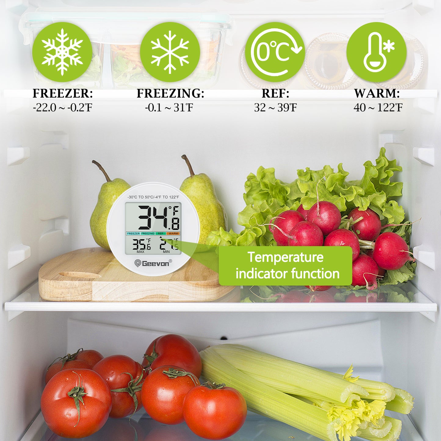 Geevon Small Digital Refrigerator Thermometer 2 Pack, IP65 Waterproof Max/Min Record Function with LCD Screen, Stand and Magnetic Back, for Fridge, Freezer Scenarios(Battery Included)