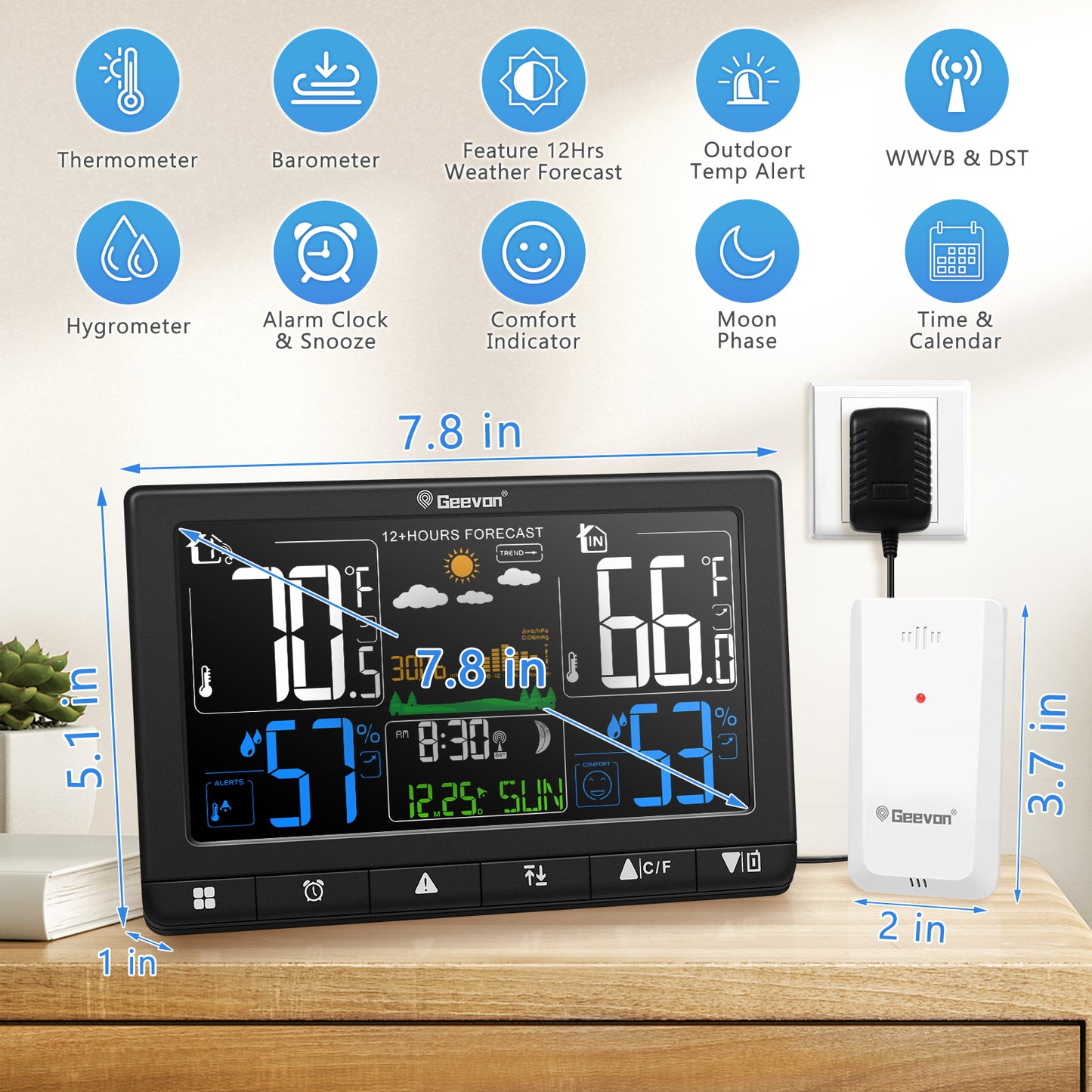 Geevon Weather Station Wireless Indoor Outdoor Thermometer with Atomic Clock, VA Color Display Digital Temperature Humidity Monitor with Barometer, Comfort Indicator, and Adjustable Backlight