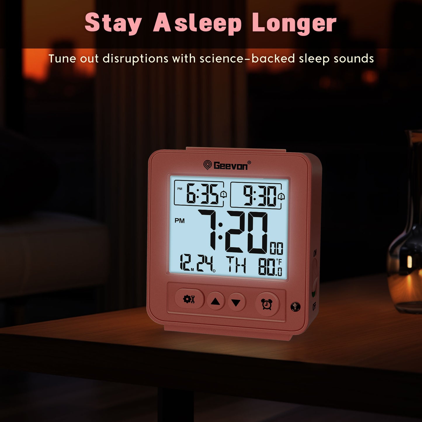 Geevon Smart Night Light Small Digital Alarm Clock with 2 Increasing Beep Alarm, Indoor Temperature, Battery Operated Travel Alarm Clock for Bedroom, Bedside, Desk(Pink)