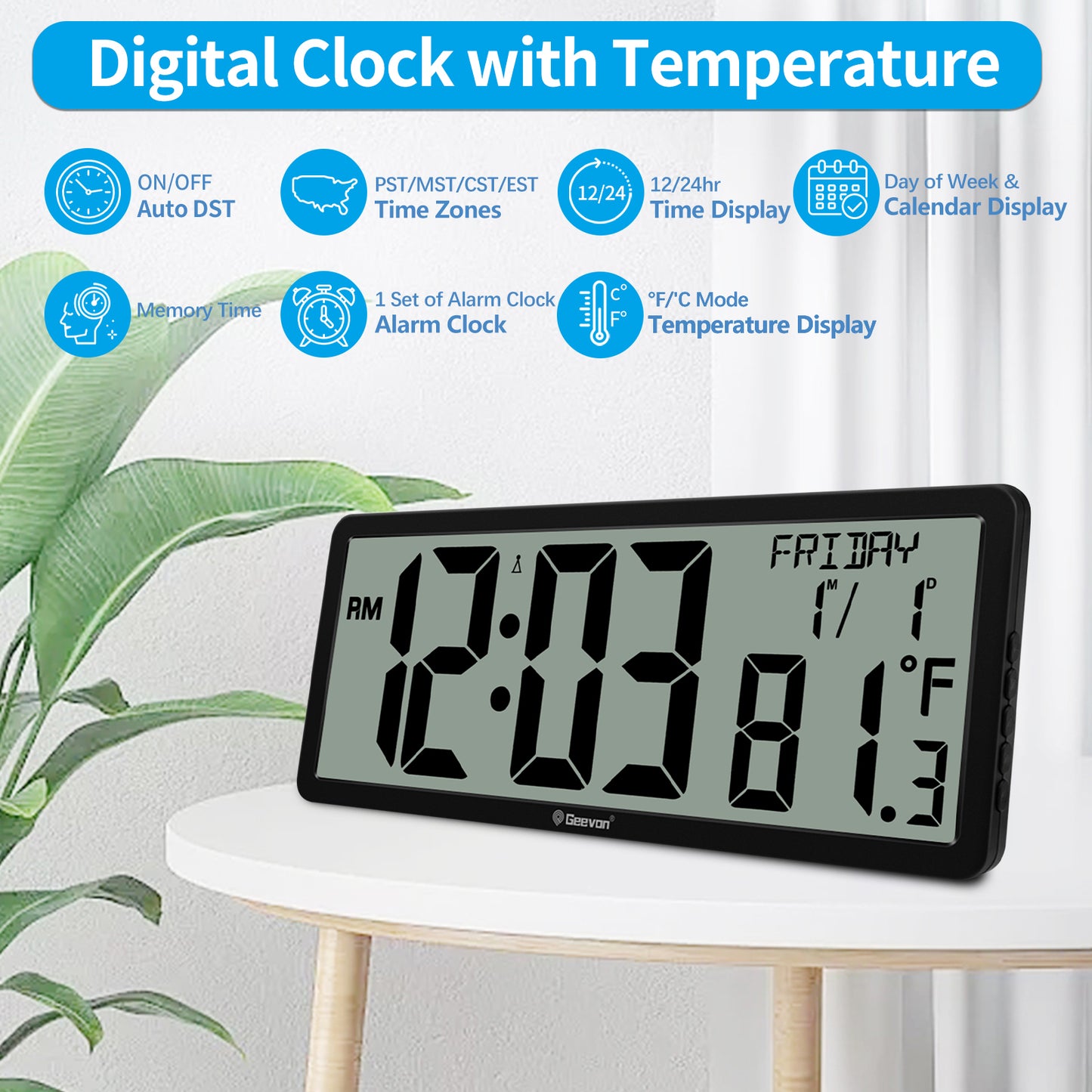 Geevon 14.3" Atomic Clock, Large Atomic Digital Wall Clock with Indoor Temperature, Date, 4.4" Jumbo Digits for Home Office, Living Room, Dining Room (Black)