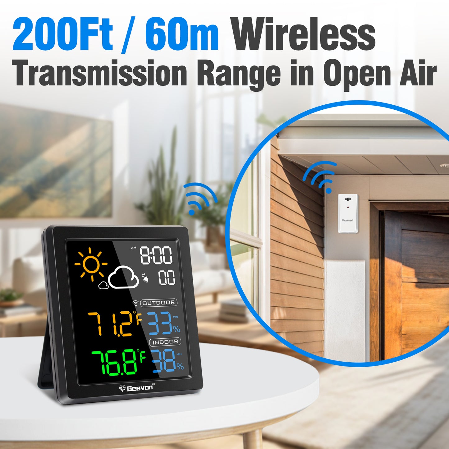 Geevon Indoor Outdoor Thermometer Digital Wireless, Color Display Digital Thermohygrometer Temperature Humidity Monitor with Alarm Clock and Backlight