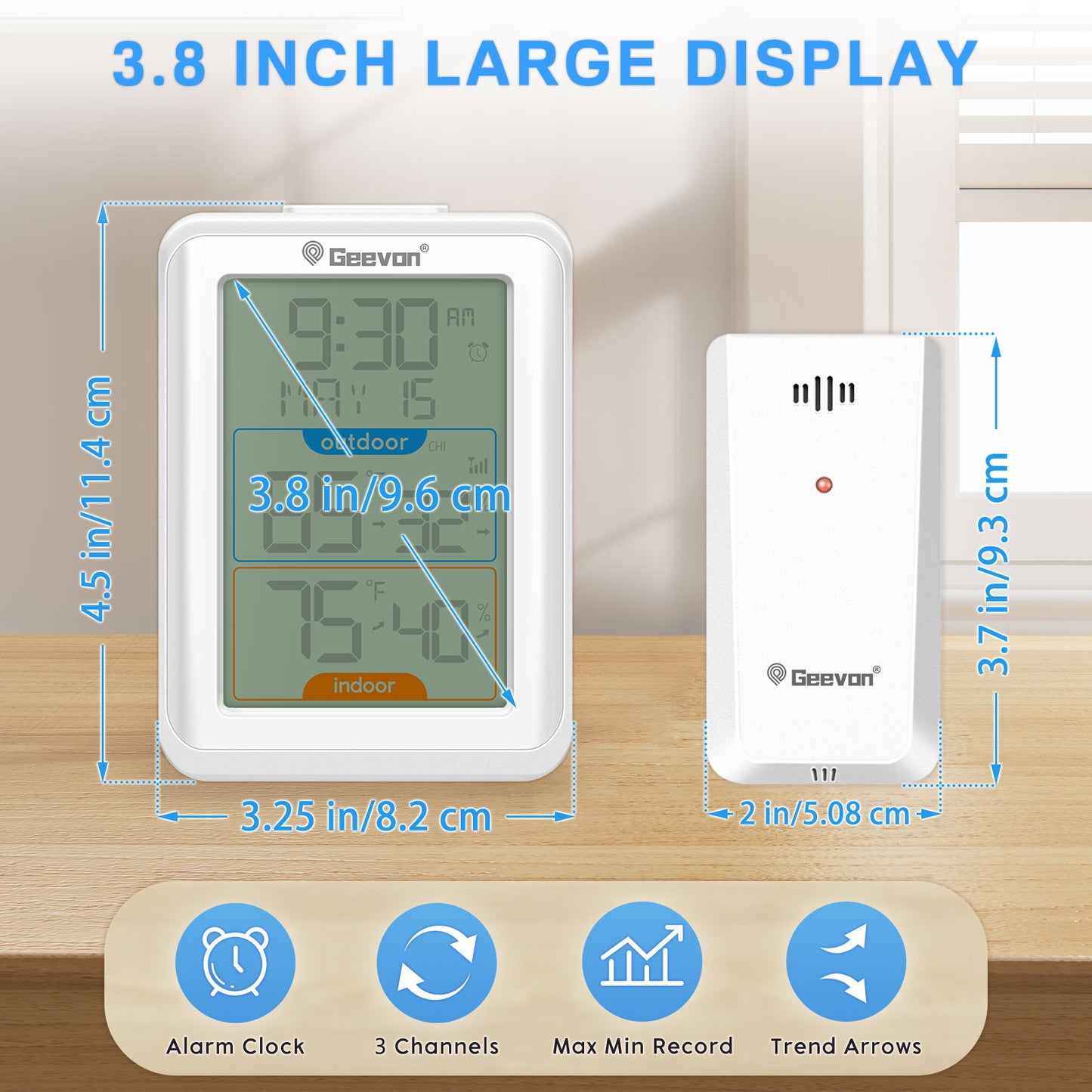 Geevon Indoor Outdoor Thermometer Digital Wireless, Digital Thermohygrometer with Time, 200ft/60m Range Outdoor Thermometer(White)