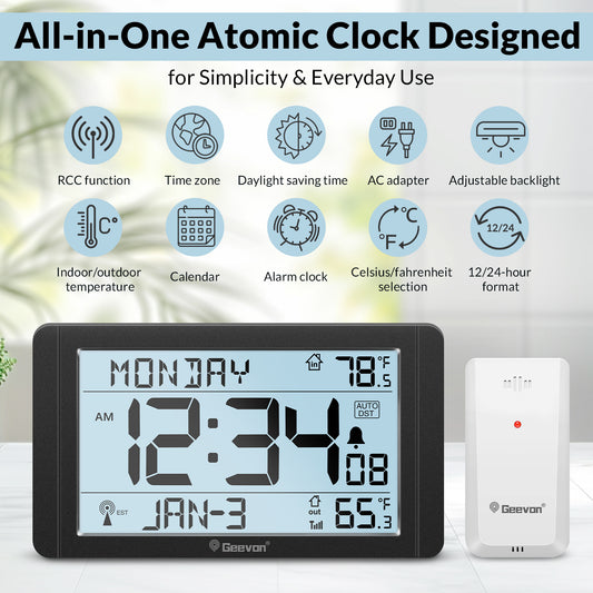 Geevon 10.8'' Atomic Clock with Indoor Outdoor Temperature, Large Display Digital Wall Clock with Wireless Sensor, for Bedroom, Office, Kitchen, Living Room, Easy for Seniors to Read