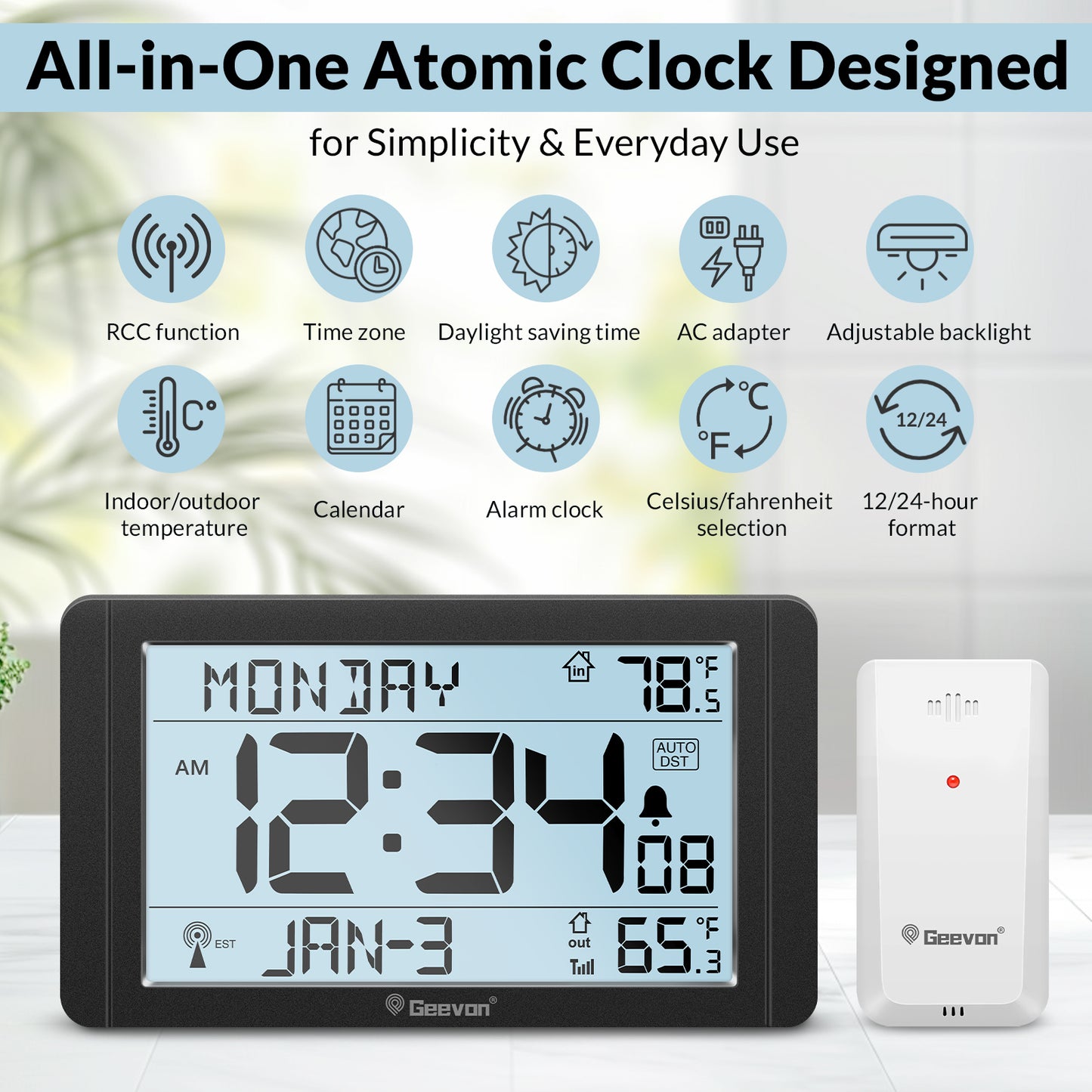 Geevon 10.8'' Atomic Clock with Indoor Outdoor Temperature, Large Display Digital Wall Clock with Wireless Sensor, for Bedroom, Office, Kitchen, Living Room, Easy for Seniors to Read