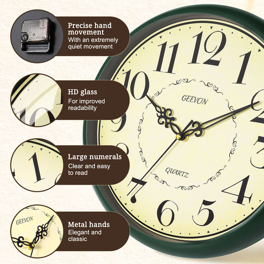 Geevon 12 IN Retro Wall Clock No Ticking Sound, Wall Clock with Quartz Accents and Vintage Patterns, Battery Operated for Kitchen, Bedroom, Office, Classroom, Living Room Decor (Dark Green)