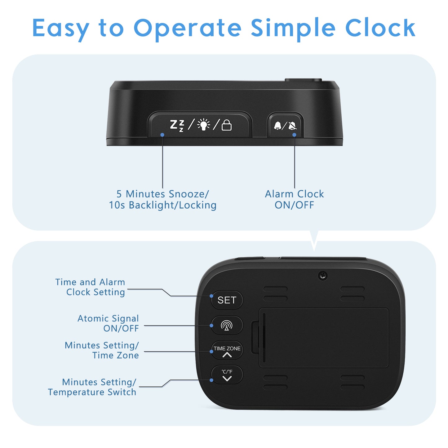 Geevon Small Digital Atomic Alarm Clock for Bedroom Heavy Sleepers, Mini Travel Alarm Clock with 10s Backlight, 12/24H, Temp, Suitable for Kids Teens Adult Boy Girl(Black)