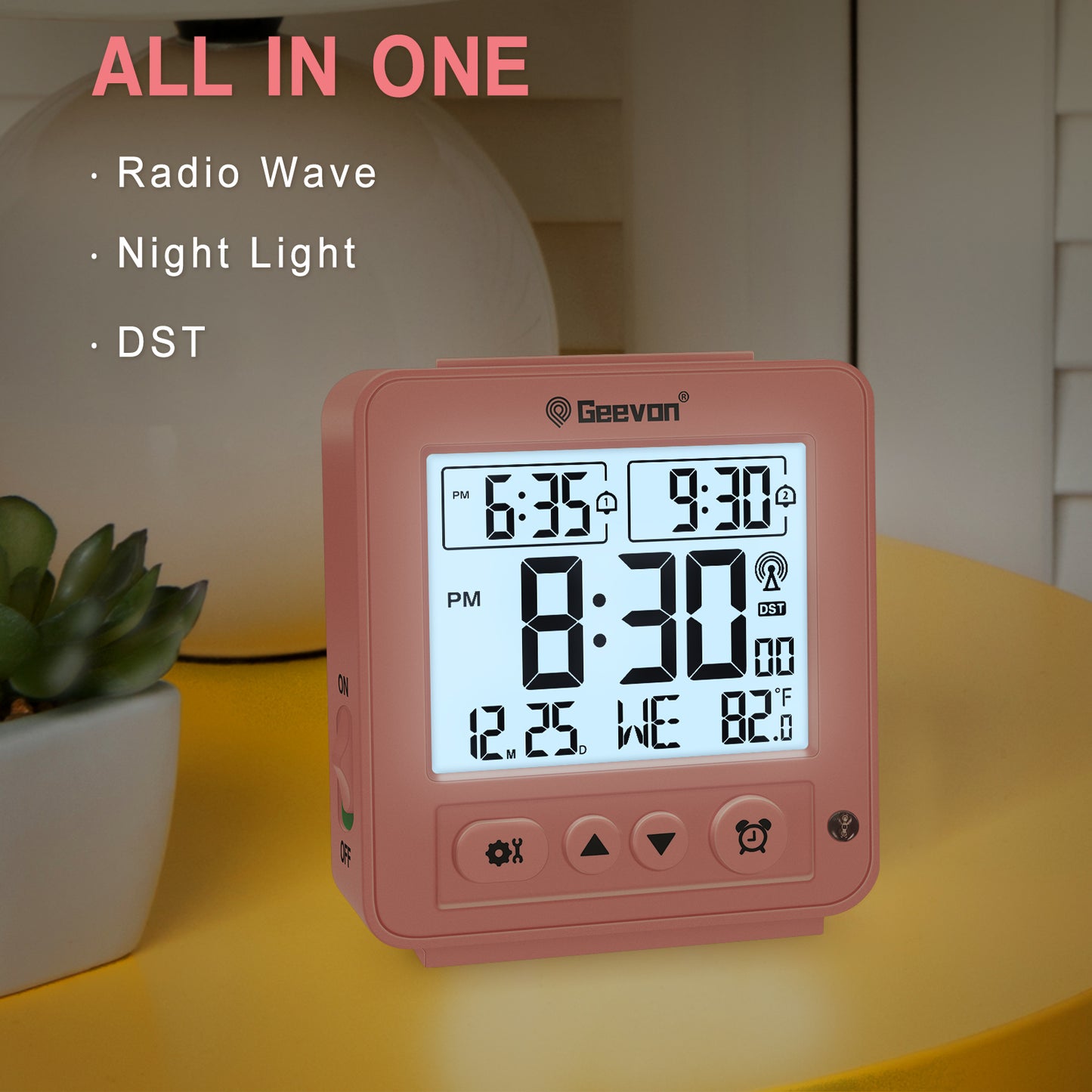 Geevon Small Digital Atomic Alarm Clock for Bedroom, Battery Operated Travel Alarm Clock with Auto/8s Backlight, 2 Alarm, Temperature, for Deep Sleepers Kids Elderly Home Office(Pink)