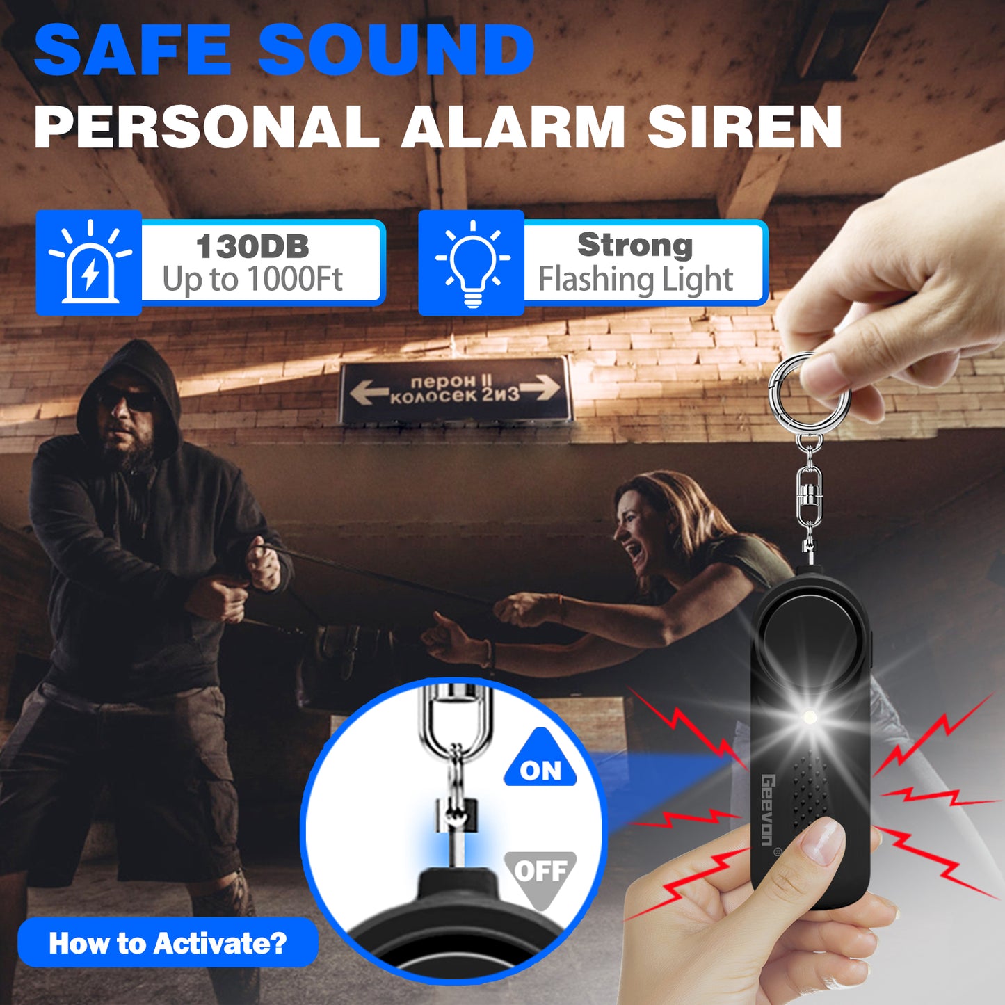 Geevon 2 Pack Personal Safety Alarms, 130DB Safe Sound Self Defense Alarm Siren with Strobe Light, Emergency Security Alert Devices for Women, Men, Elderly, Children (Black - 2 Pack)