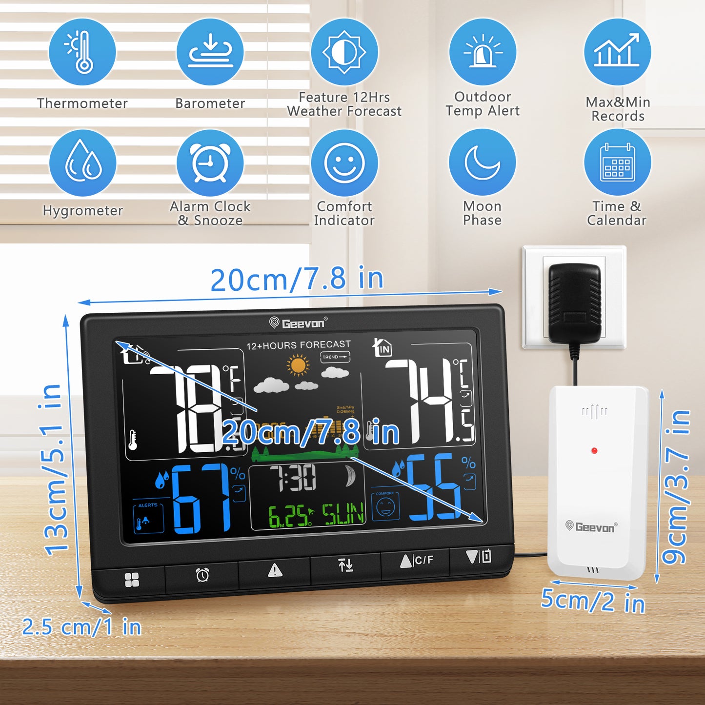 Geevon Weather Station Wireless Indoor Outdoor Thermometer with Atomic Clock, VA Color Display Digital Temperature Humidity Monitor with Barometer, Comfort Indicator, and Adjustable Backlight