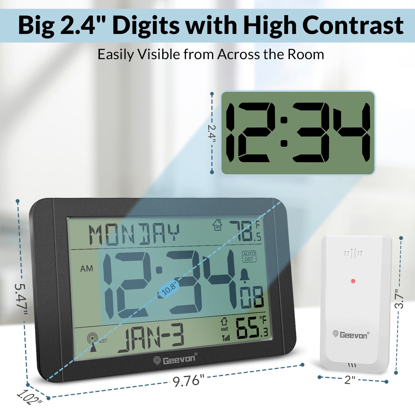 Geevon 10.8'' Atomic Clock with Indoor Outdoor Temperature, Large Display Digital Wall Clock with Wireless Sensor, for Bedroom, Office, Kitchen, Living Room, Easy for Seniors to Read