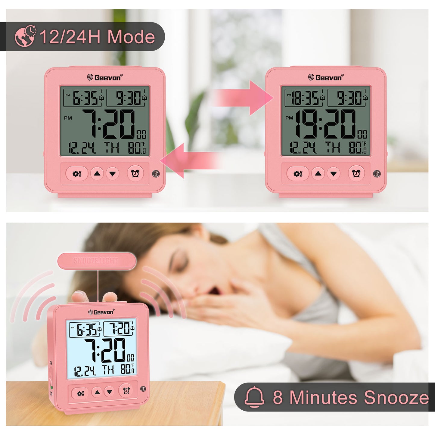Geevon Smart Night Light Small Digital Alarm Clock with 2 Increasing Beep Alarm, Indoor Temperature, Battery Operated Travel Alarm Clock for Bedroom, Bedside, Desk(Pink)