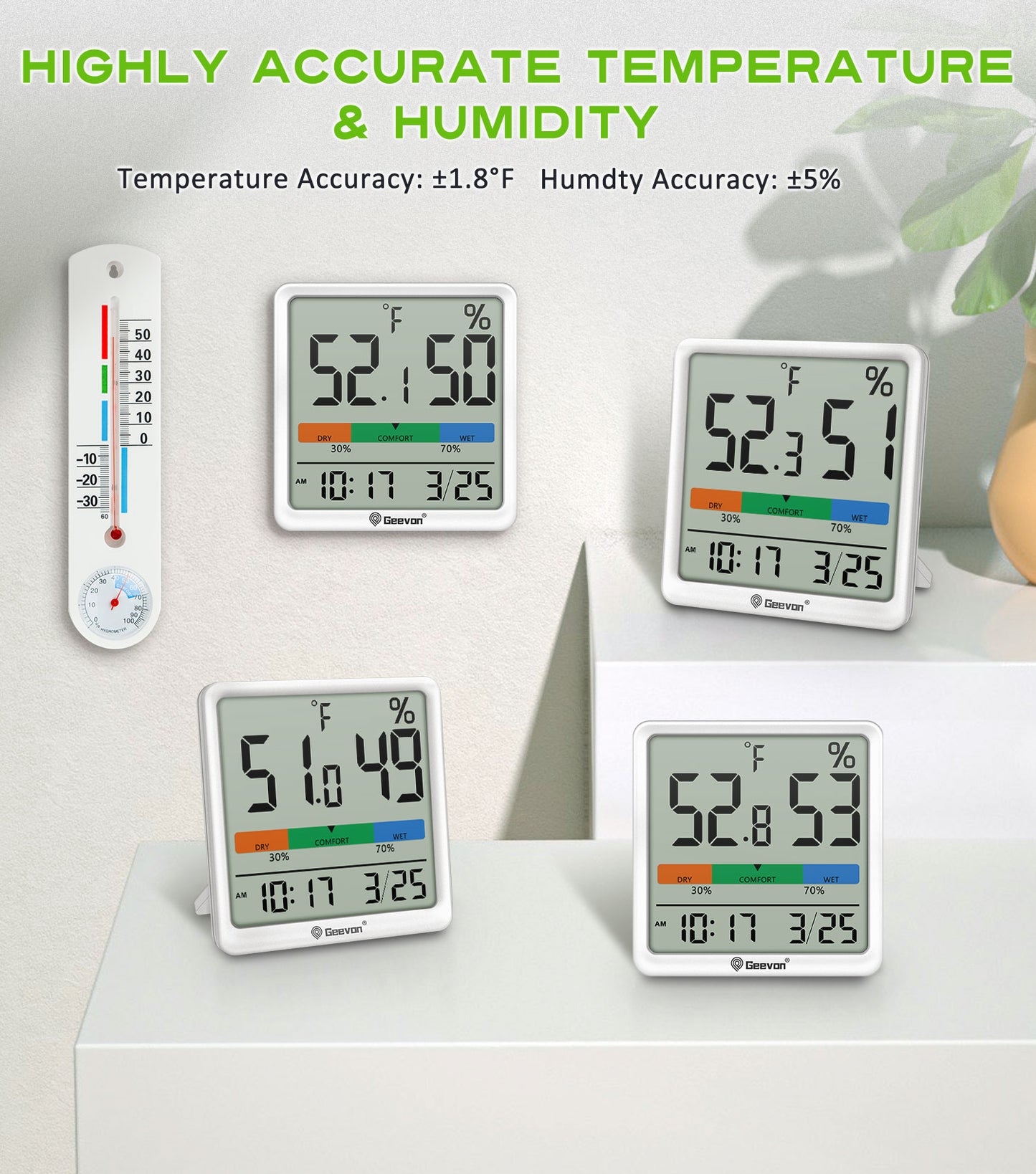 Geevon Digital Indoor Thermometer Hygrometer, Wireless Temperature Humidity Meter with Comfort Index, 1*AAA Battery, Calendar, Small Room Temperature Monitor for Home, Greenhouse, Bedroom(White)