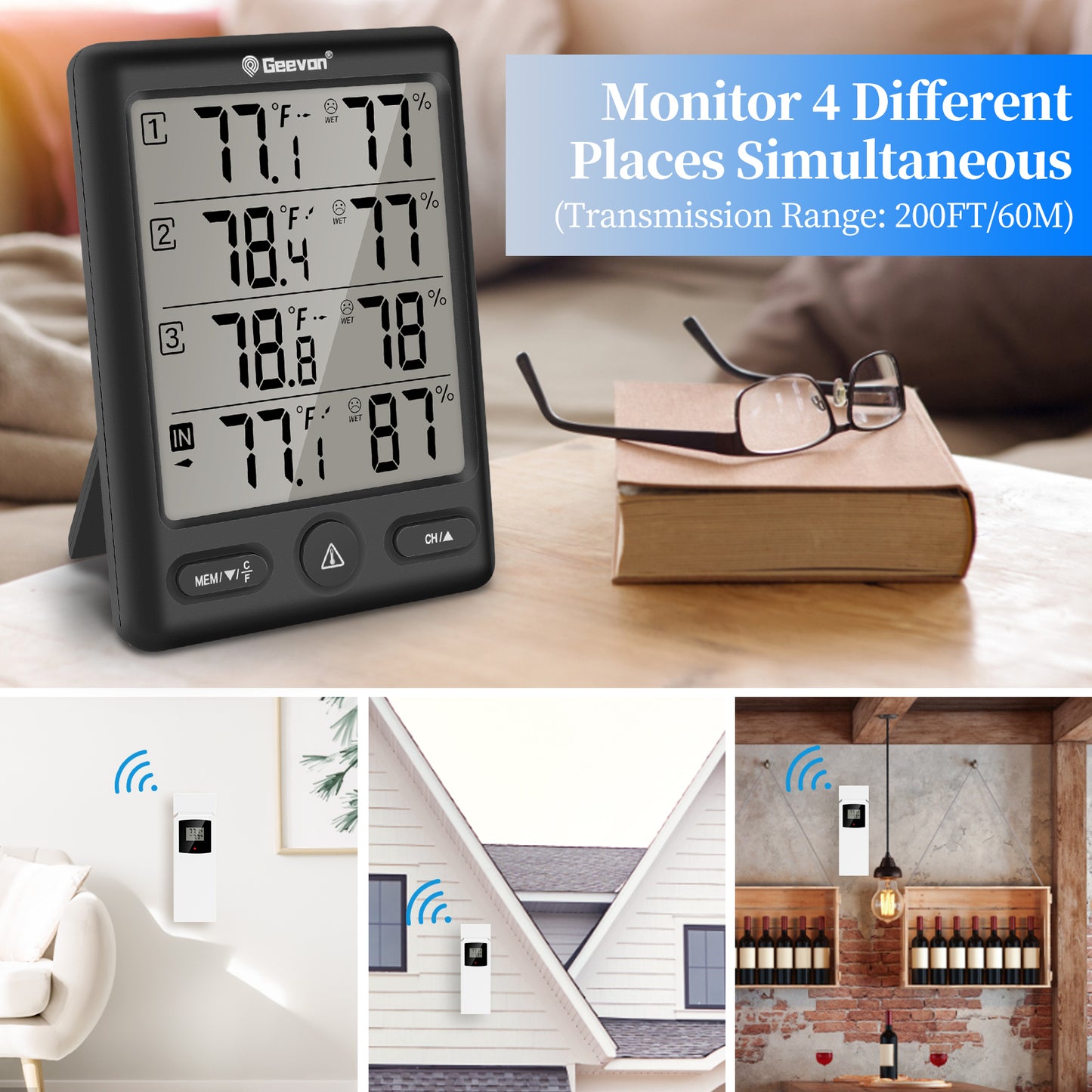 Geevon Indoor Outdoor Thermometer Wireless with 3 Remote Sensors, Wireless Thermohygrometer, Digital Temperature Humidity Meter with 200FT/60M Range(Black)