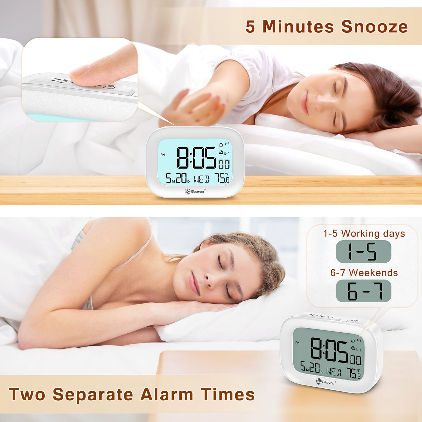 Geevon Small Travel Alarm Clock, Digital Alarm Clocks for Bedrooms Home Office, Battery Operated Desk Clock with 3 Inch Large Display, 2 Alarms, 5s Backlight, Snooze, Indoor Temperature(White)