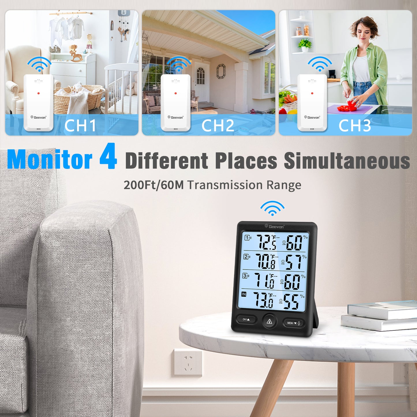Geevon Indoor Outdoor Thermometer Wireless, 5-Inch Display with 3 Remote Sensors Wireless Thermohygrometer, Digital Temperature Humidity Meter with 200FT/60M Range(Black Backlight)