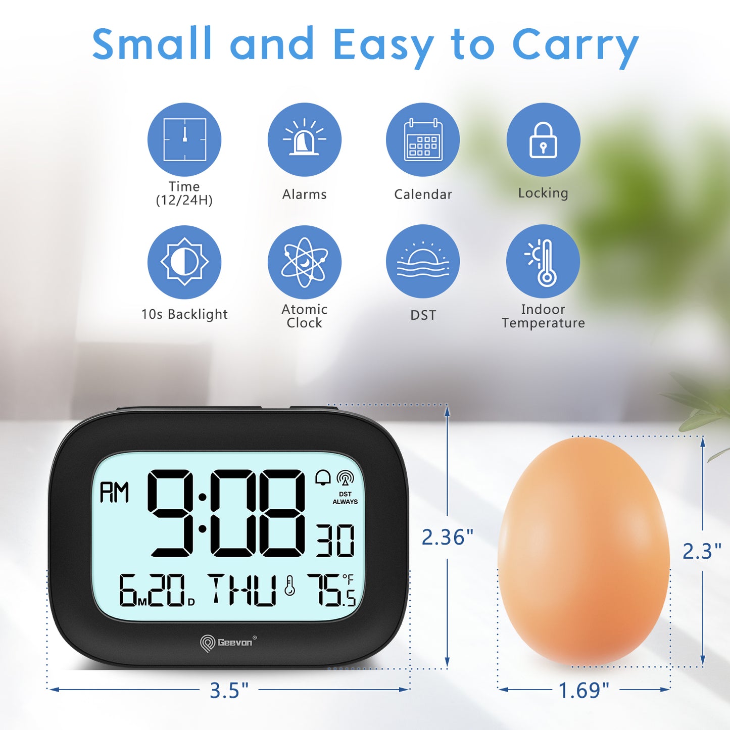 Geevon Small Digital Atomic Alarm Clock for Bedroom Heavy Sleepers, Mini Travel Alarm Clock with 10s Backlight, 12/24H, Temp, Suitable for Kids Teens Adult Boy Girl(Black)