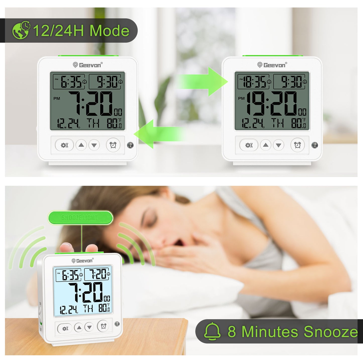 Geevon Smart Night Light Small Digital Alarm Clock with 2 Increasing Beep Alarm, Indoor Temperature, Battery Operated Travel Alarm Clock for Bedroom, Bedside, Desk(White)