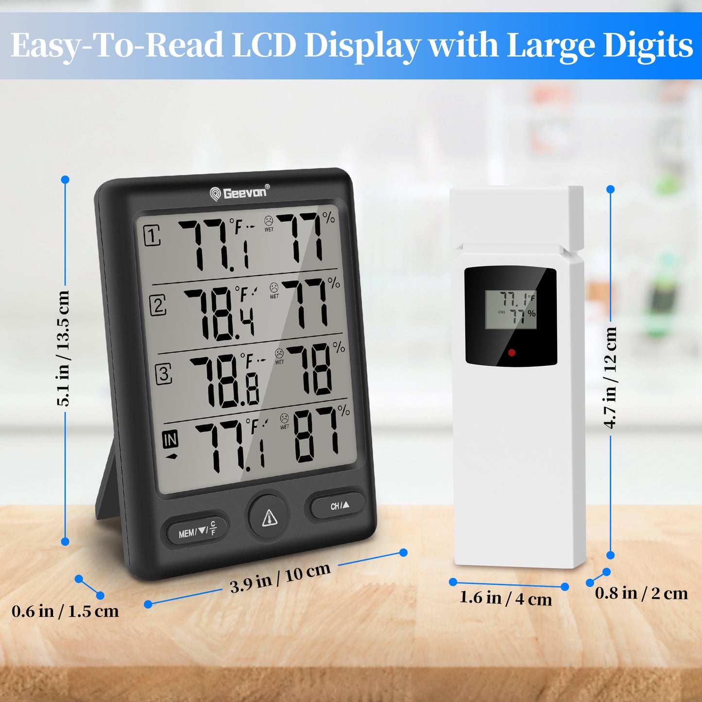 Geevon Indoor Outdoor Thermometer Wireless with 3 Remote Sensors, Wireless Thermohygrometer, Digital Temperature Humidity Meter with 200FT/60M Range(Black)