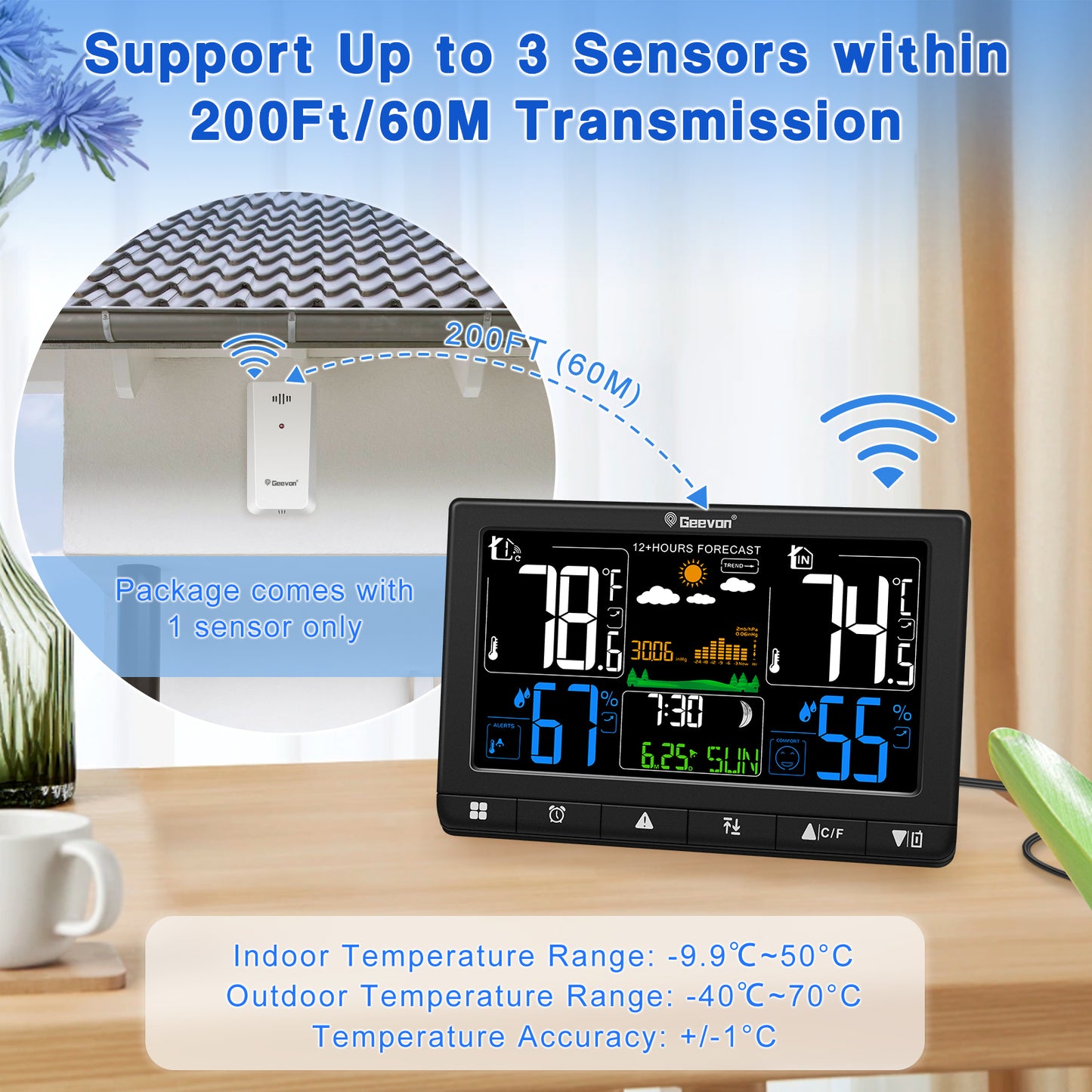 Geevon Weather Station Wireless Indoor Outdoor Thermometer with Atomic Clock, VA Color Display Digital Temperature Humidity Monitor with Barometer, Comfort Indicator, and Adjustable Backlight
