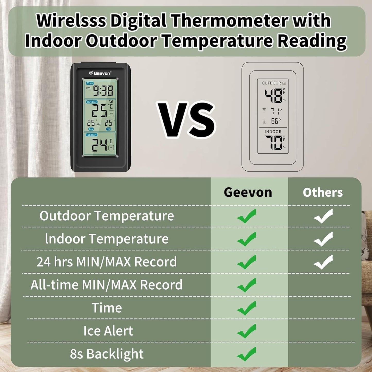 Geevon Indoor Outdoor Thermometer Wireless, Gauge with Time, High and Lows Range Outdoor Temperature Sensor(Black)