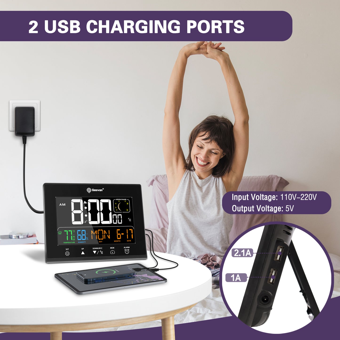 Geevon Digital Atomic Alarm Clocks for Bedrooms with Battery Backup, HD Color Display Atomic Lock with Backlight, 2 USB Ports, Indoor Temperature and Humidity, Moon Phases, Time