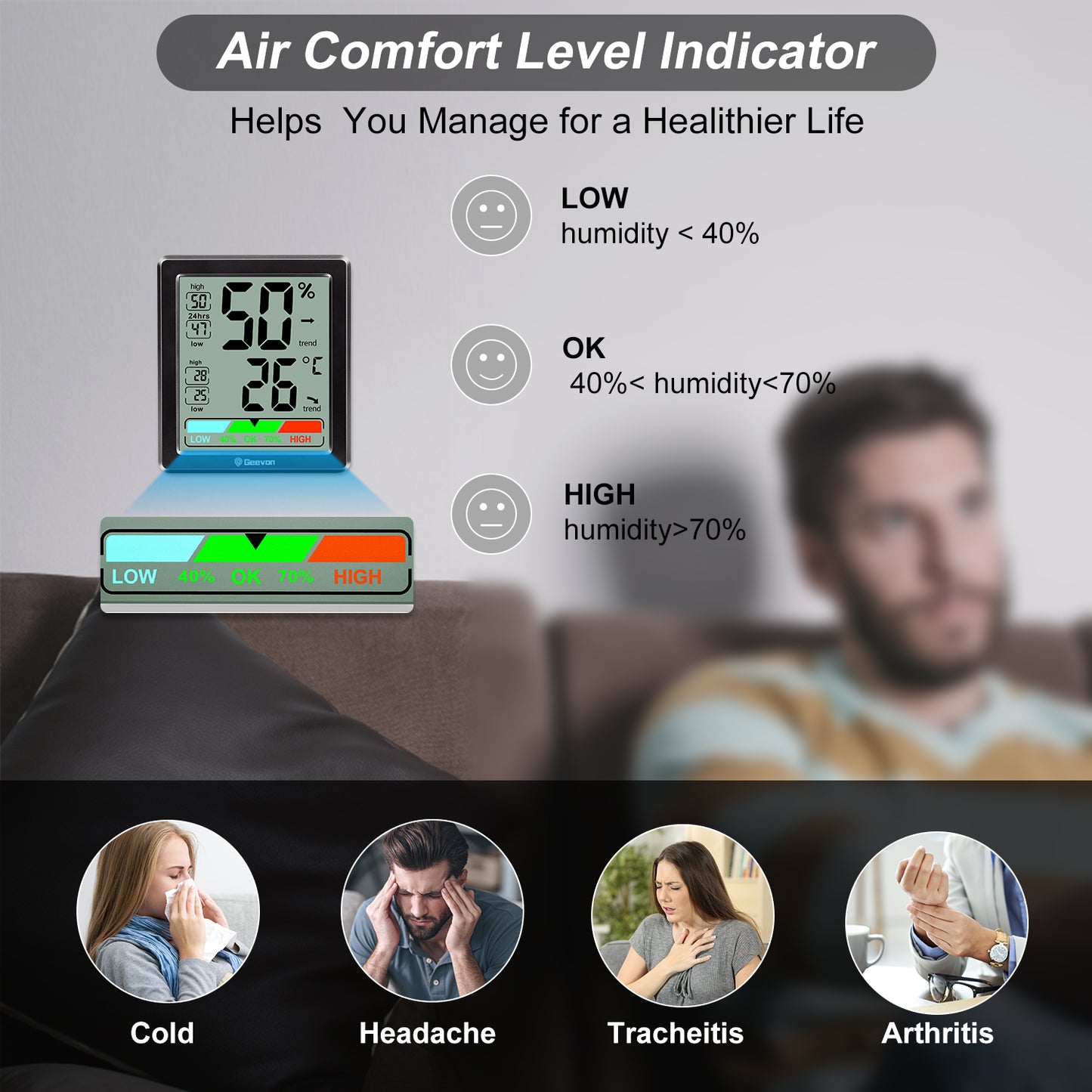 Geevon Digital Hygrometer Indoor Thermohygrometer, Room Thermometer Indoor with Accurate Sensor, Humidity Meter for Home Garage Greenhouse Baby Room(Black)