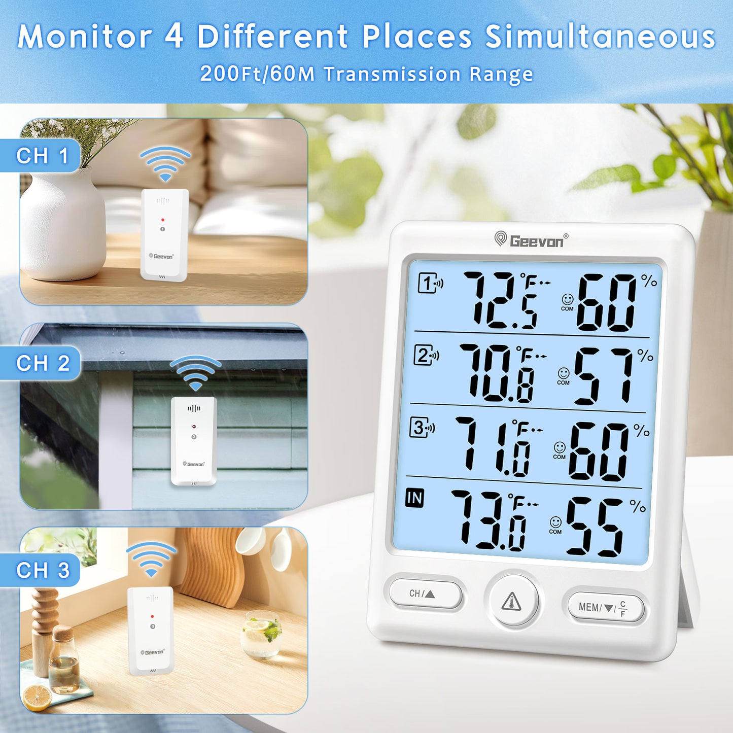 Geevon Indoor Outdoor Thermometer Wireless, 5-Inch Display with 3 Remote Sensors Wireless Thermohygrometer, Digital Temperature Humidity Meter with 200FT/60M Range(White Backlight)