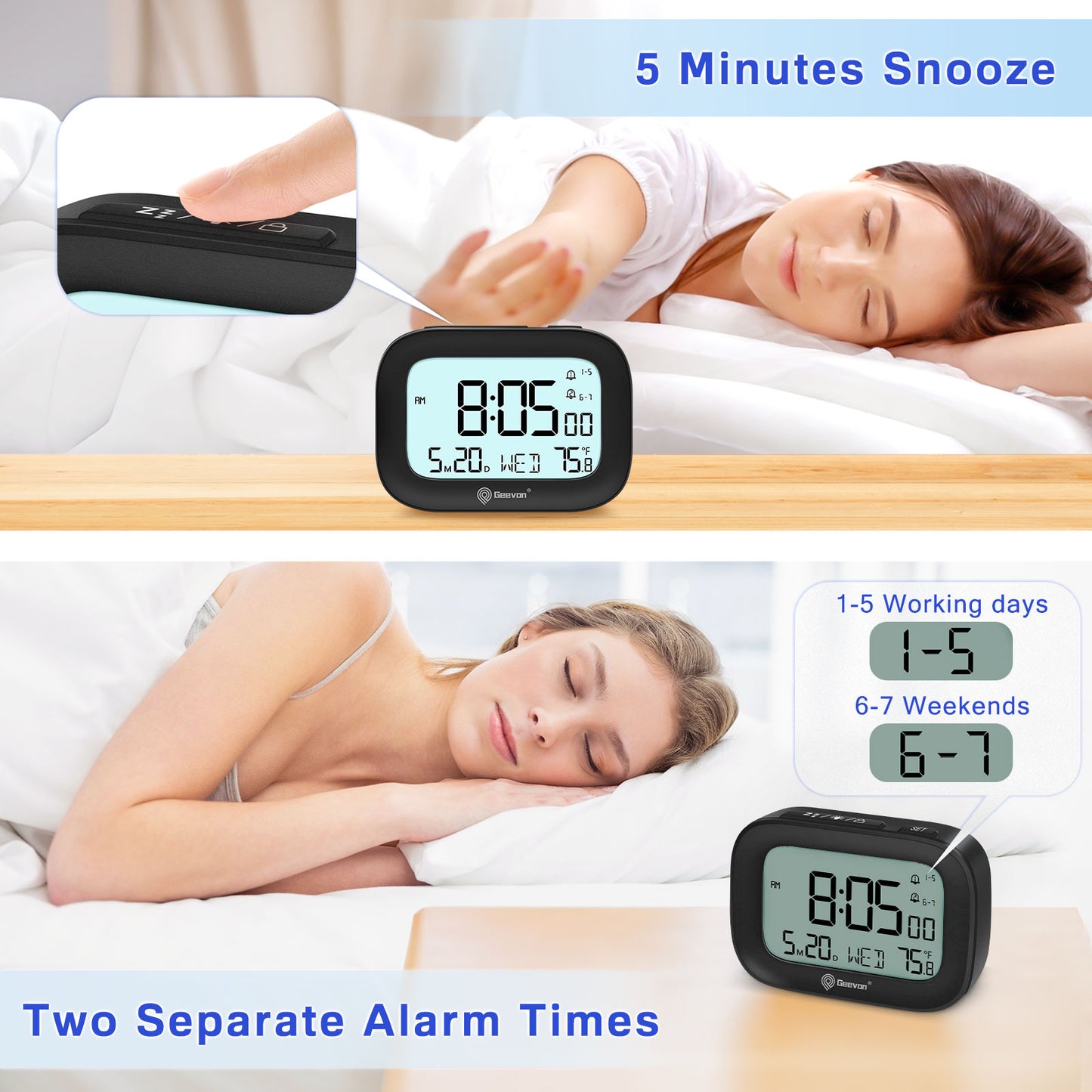 Geevon Small Travel Alarm Clock, Digital Alarm Clocks for Bedrooms Home Office, Battery Operated Desk Clock with 3 Inch Large Display, 2 Alarms, 5s Backlight, Snooze, Indoor Temperature(Black)