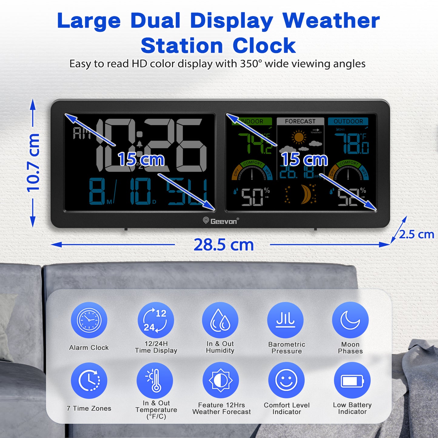 Geevon Weather Station Wireless Indoor Outdoor Thermometer, HD Color Display Digital Temperature Humidity Monitor with Barometer, Comfort Indicator, and Adjustable Backlight