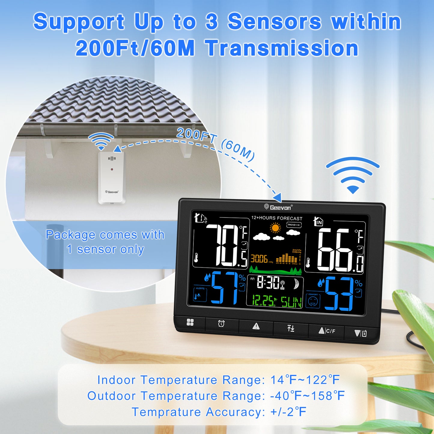 Geevon Weather Station Wireless Indoor Outdoor Thermometer with Atomic Clock, VA Color Display Digital Temperature Humidity Monitor with Barometer, Comfort Indicator, and Adjustable Backlight