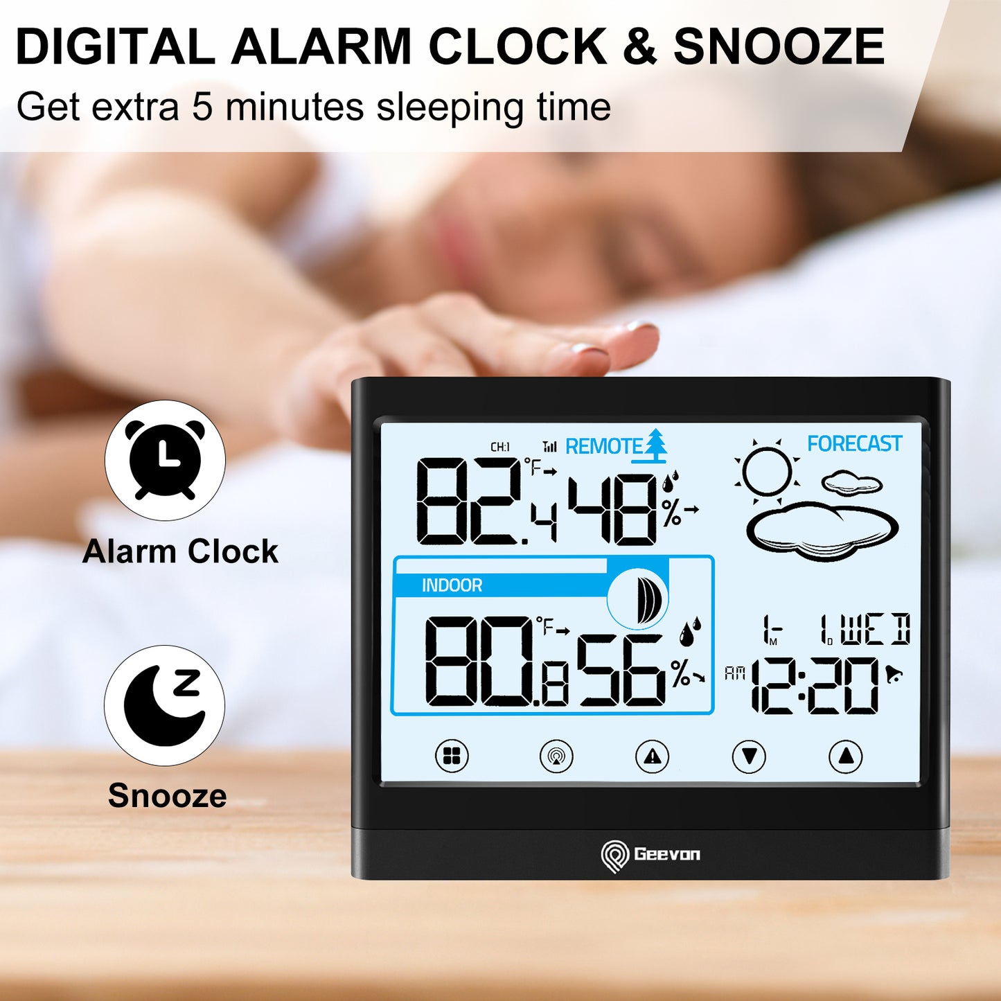 Geevon Weather Station Indoor Outdoor Thermometer Digital Wireless, Outdoor Thermometer with Backlight LCD Display & Alarm Clock for Home Office