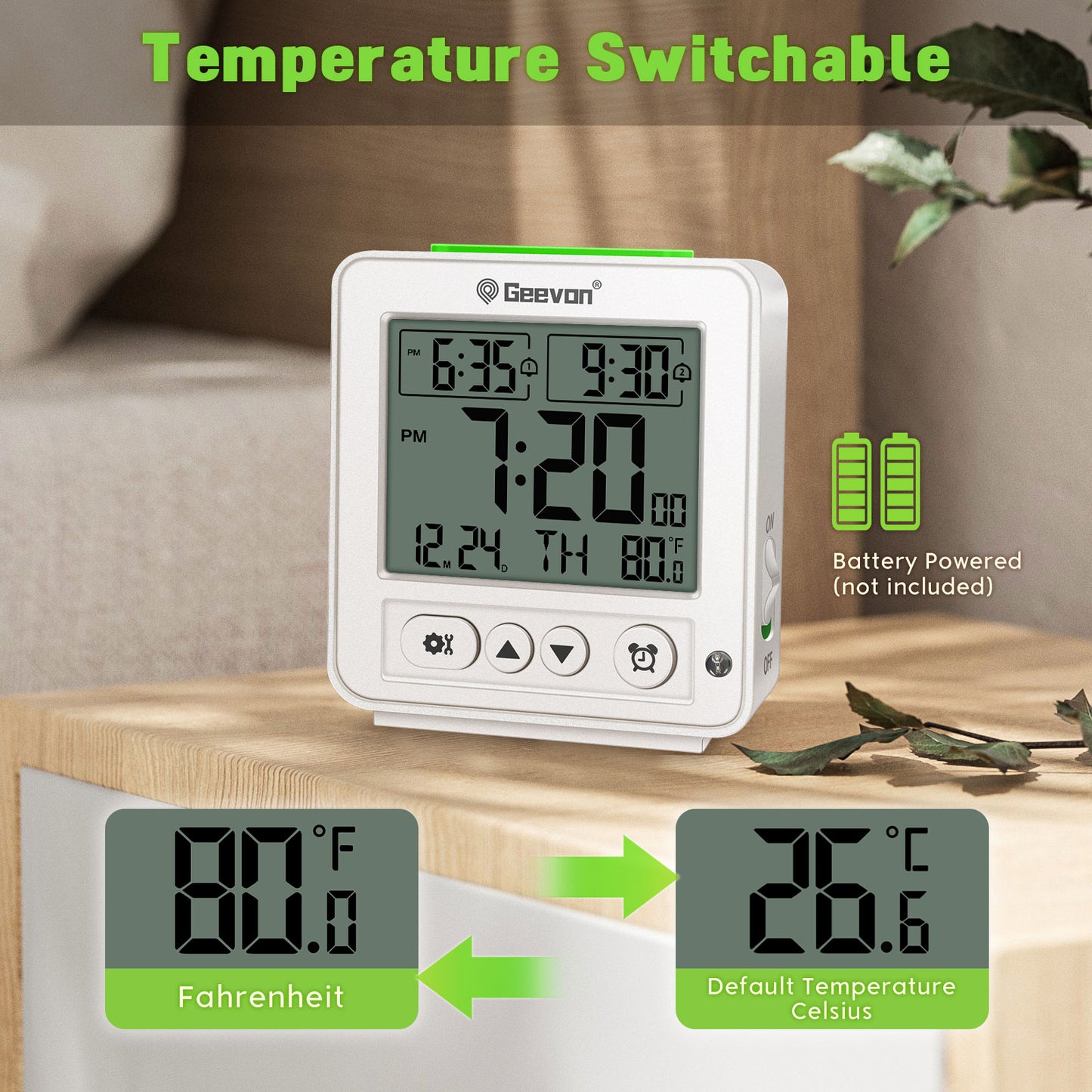Geevon Smart Night Light Small Digital Alarm Clock with 2 Increasing Beep Alarm, Indoor Temperature, Battery Operated Travel Alarm Clock for Bedroom, Bedside, Desk(White)