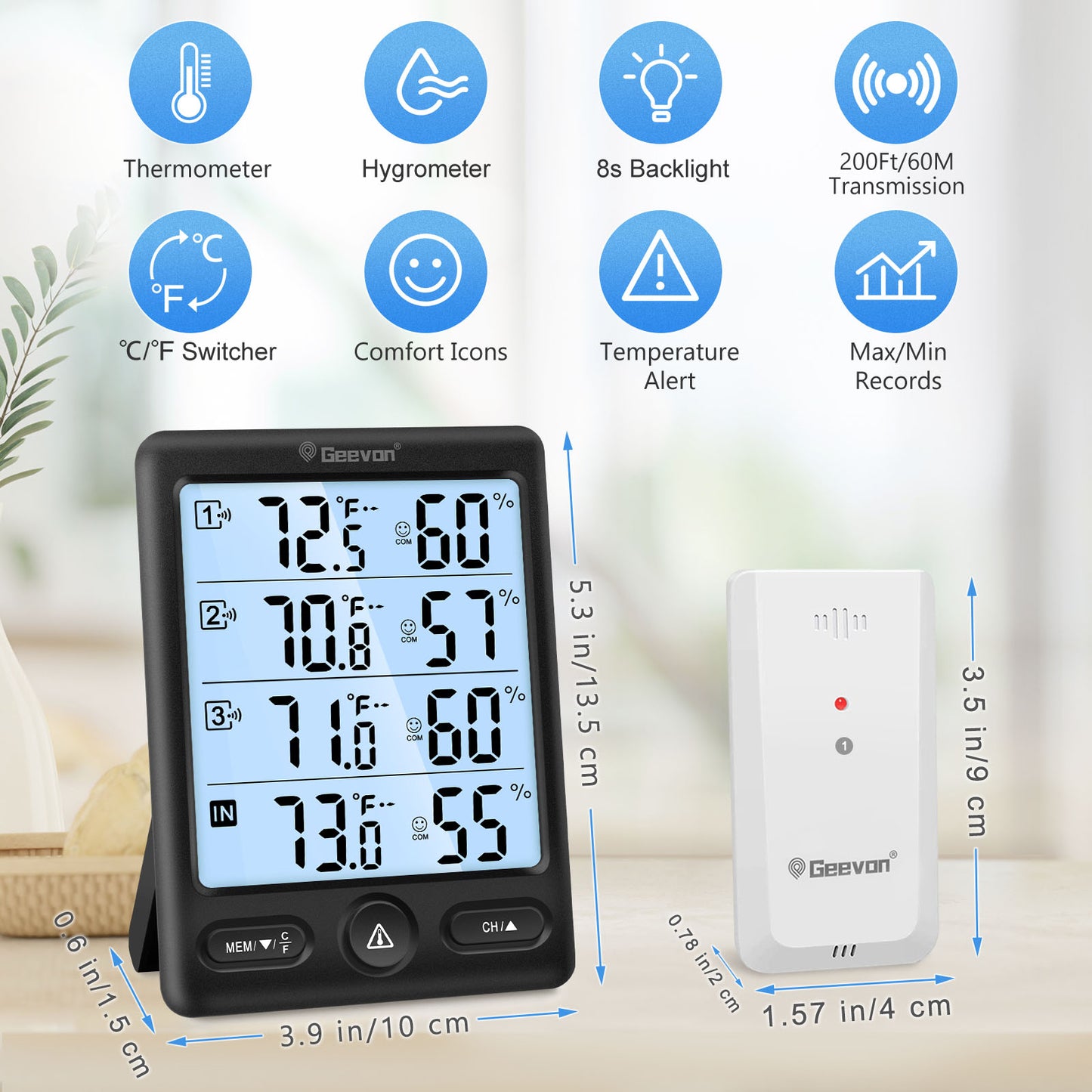 Geevon Indoor Outdoor Thermometer Wireless, 5-Inch Display with 3 Remote Sensors Wireless Thermohygrometer, Digital Temperature Humidity Meter with 200FT/60M Range(Black Backlight)