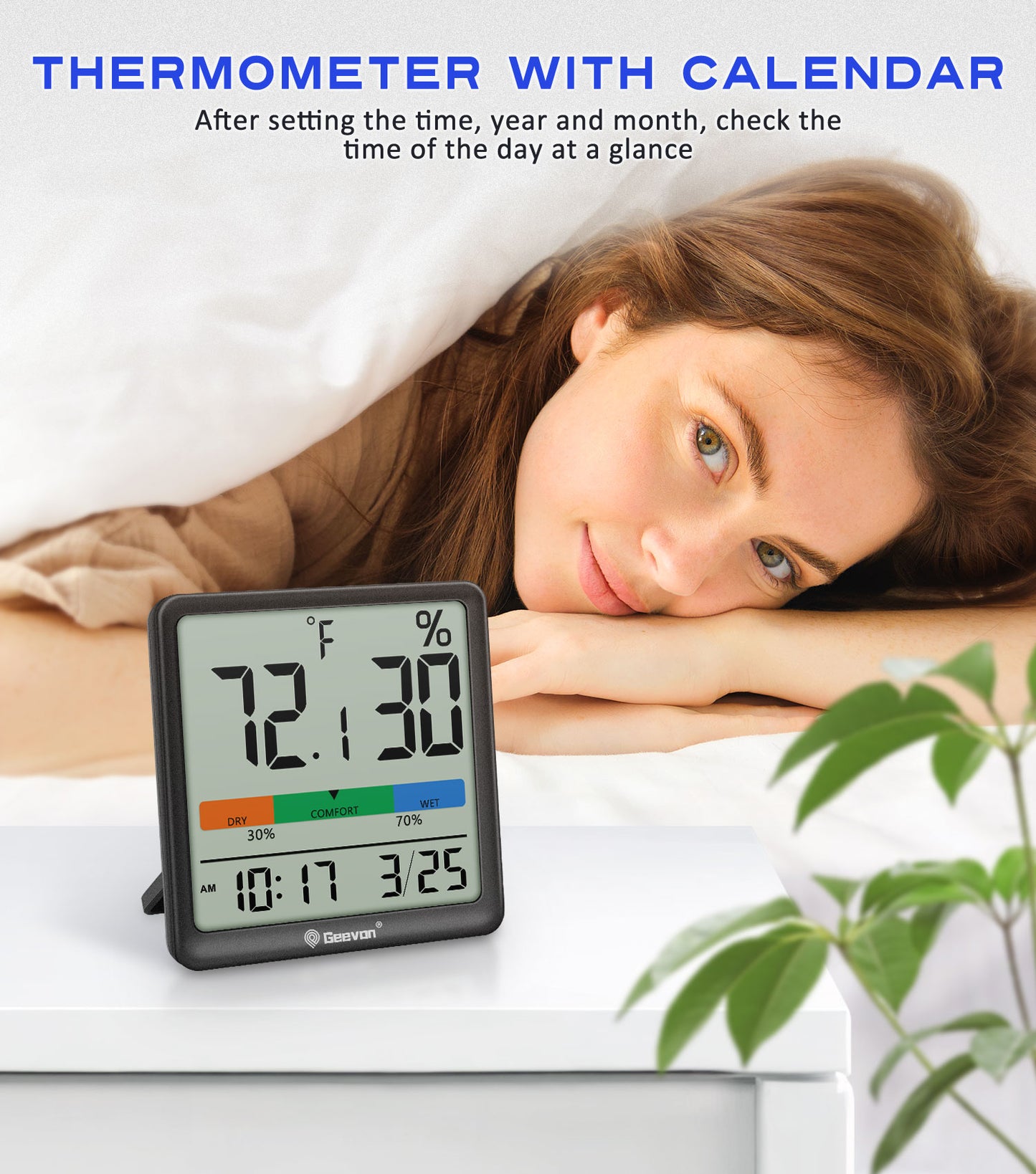 Geevon Digital Indoor Thermometer Hygrometer, Wireless Temperature Humidity Meter with Comfort Index, 1*AAA Battery, Calendar, Small Room Temperature Monitor for Home, Greenhouse, Bedroom(Black)