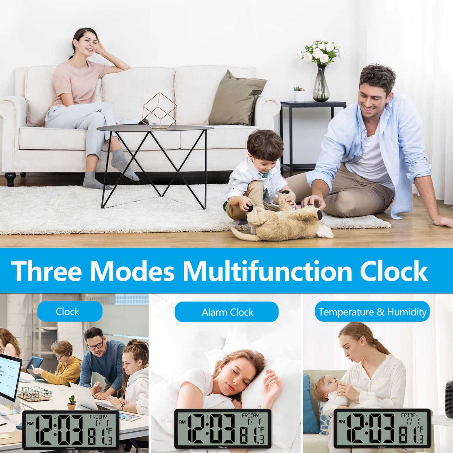 Geevon 14.3" Atomic Clock, Large Atomic Digital Wall Clock with Indoor Temperature, Date, 4.4" Jumbo Digits for Home Office, Living Room, Dining Room (Black)