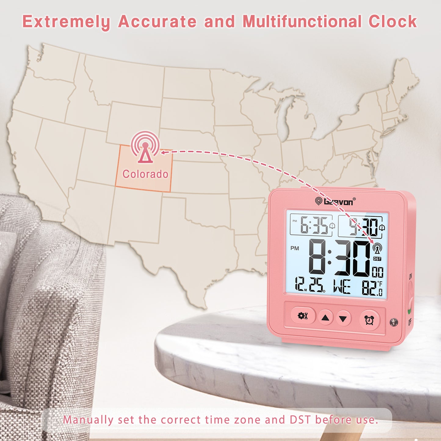 Geevon Small Digital Atomic Alarm Clock for Bedroom, Battery Operated Travel Alarm Clock with Auto/8s Backlight, 2 Alarm, Temperature, for Deep Sleepers Kids Elderly Home Office(Pink)