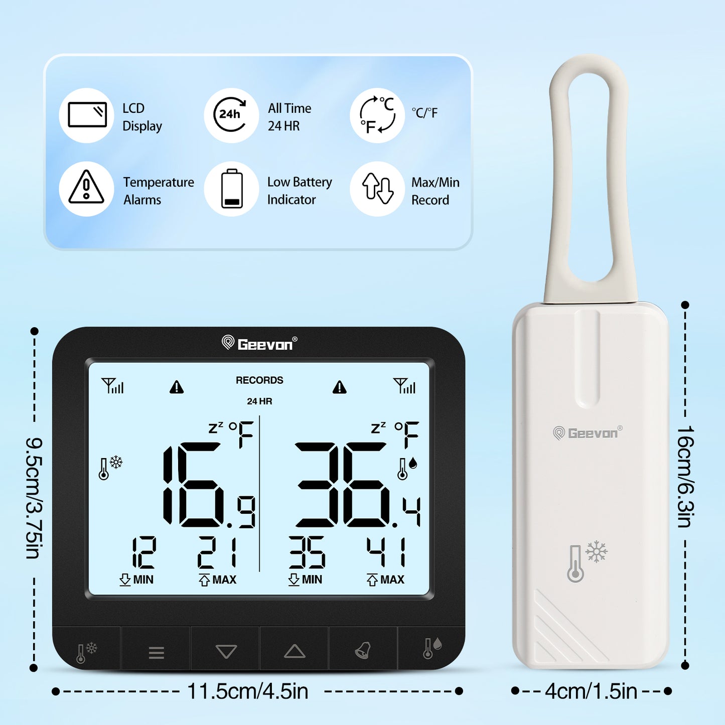 Geevon Digital Refrigerator Thermometer with Alarm, Low Battery Warning Icon, Max/Min Temperature LCD Display, Suitable for Domestic or Commercial Use Freezer Thermometer with Alarm
