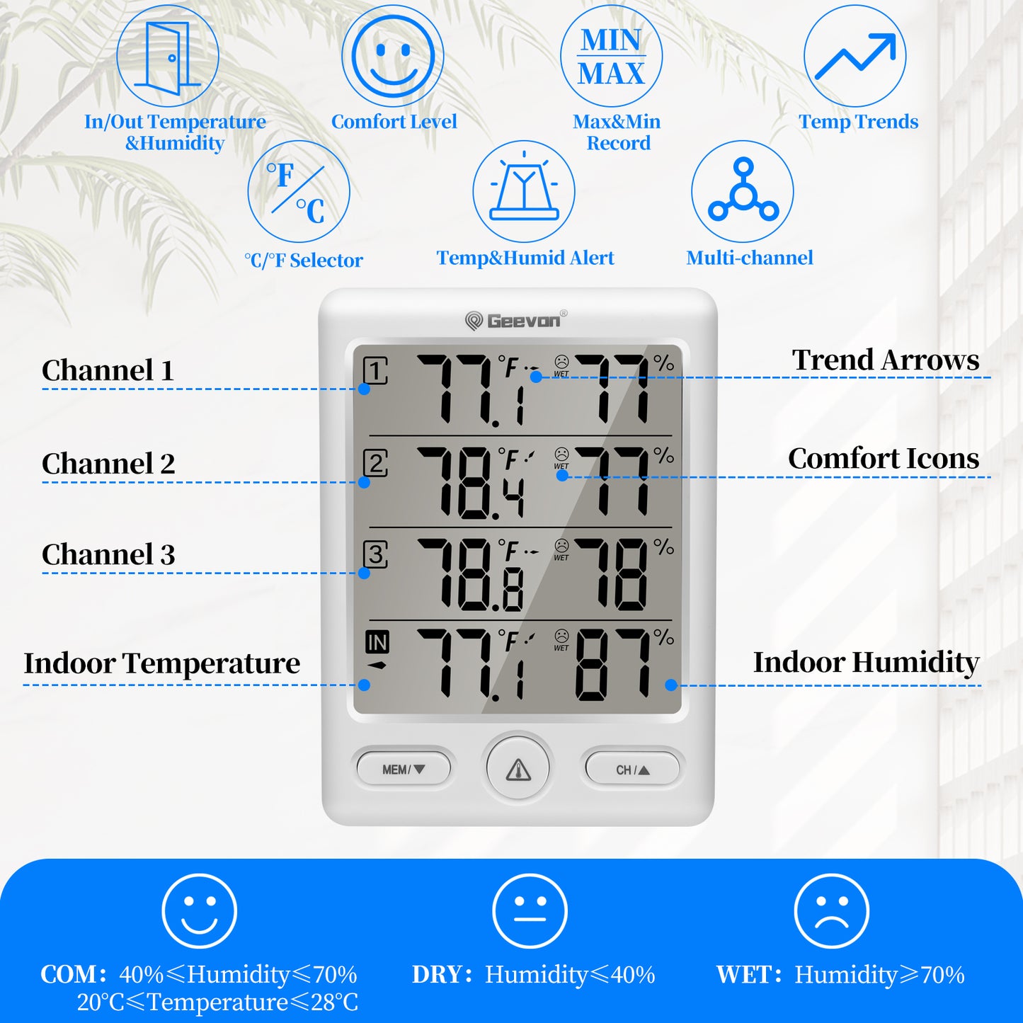 Geevon Indoor Outdoor Thermometer Wireless with 3 Remote Sensors, Wireless Thermohygrometer, Digital Temperature Humidity Meter with 200FT/60M Range(White)