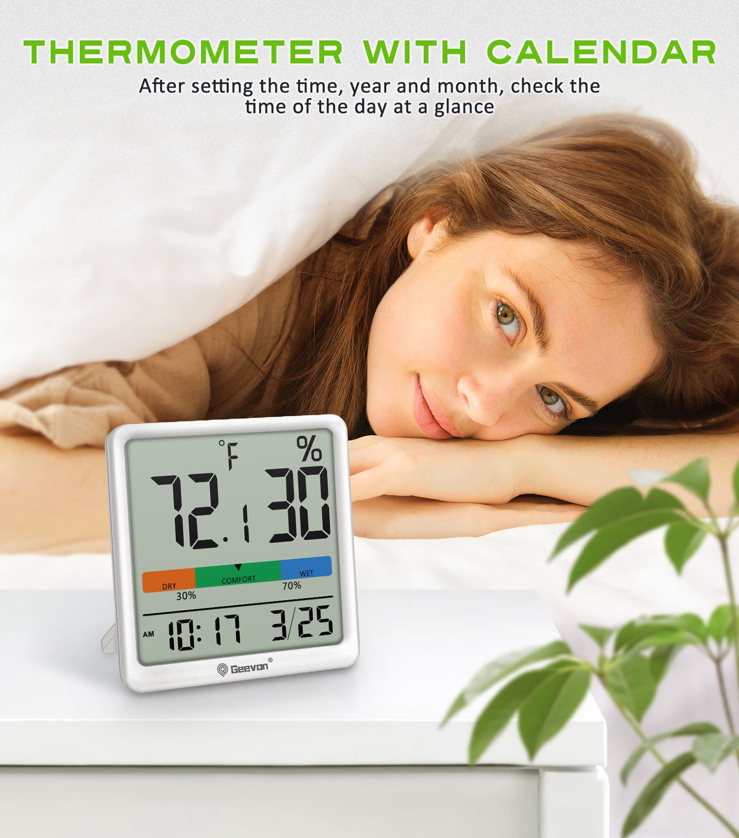 Geevon Digital Indoor Thermometer Hygrometer, Wireless Temperature Humidity Meter with Comfort Index, 1*AAA Battery, Calendar, Small Room Temperature Monitor for Home, Greenhouse, Bedroom(White)