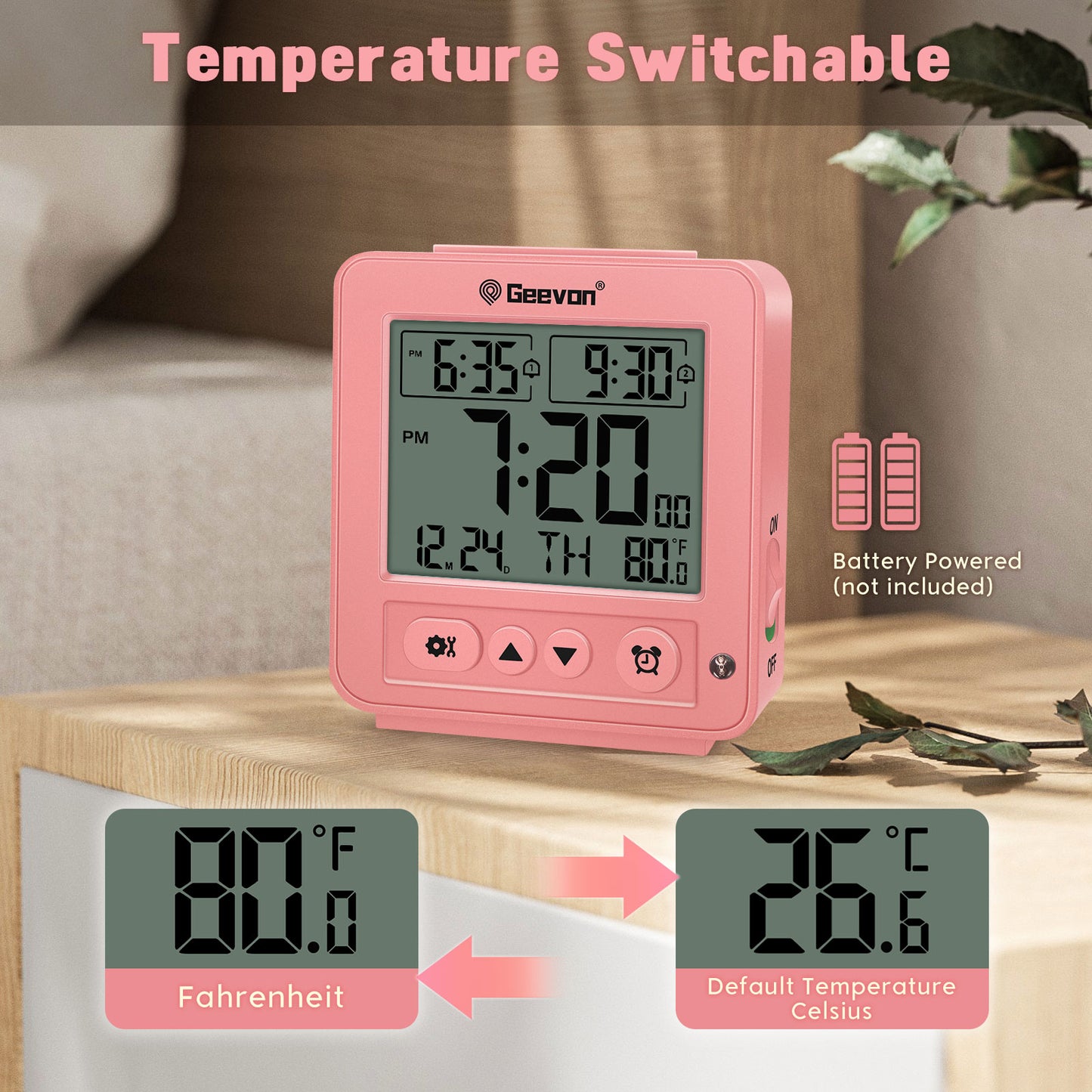Geevon Smart Night Light Small Digital Alarm Clock with 2 Increasing Beep Alarm, Indoor Temperature, Battery Operated Travel Alarm Clock for Bedroom, Bedside, Desk(Pink)