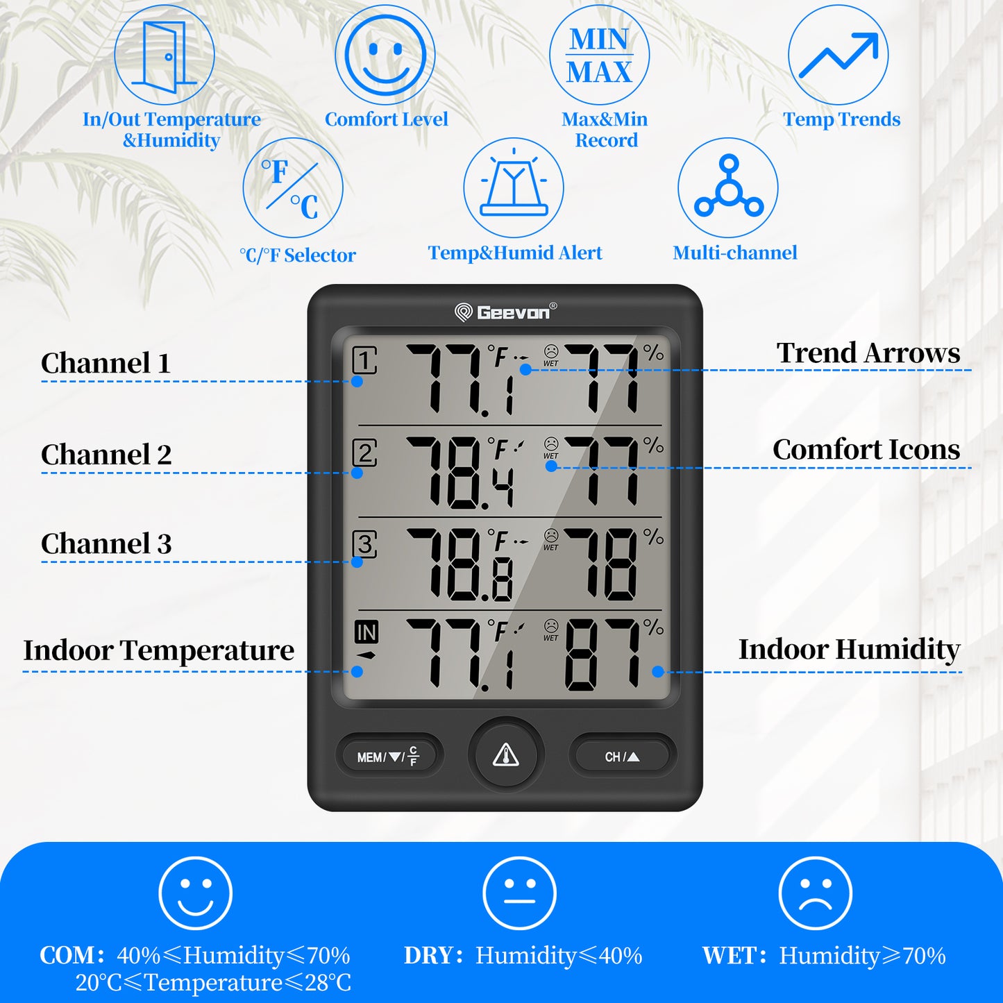 Geevon Indoor Outdoor Thermometer Wireless with 3 Remote Sensors, Wireless Thermohygrometer, Digital Temperature Humidity Meter with 200FT/60M Range(Black)