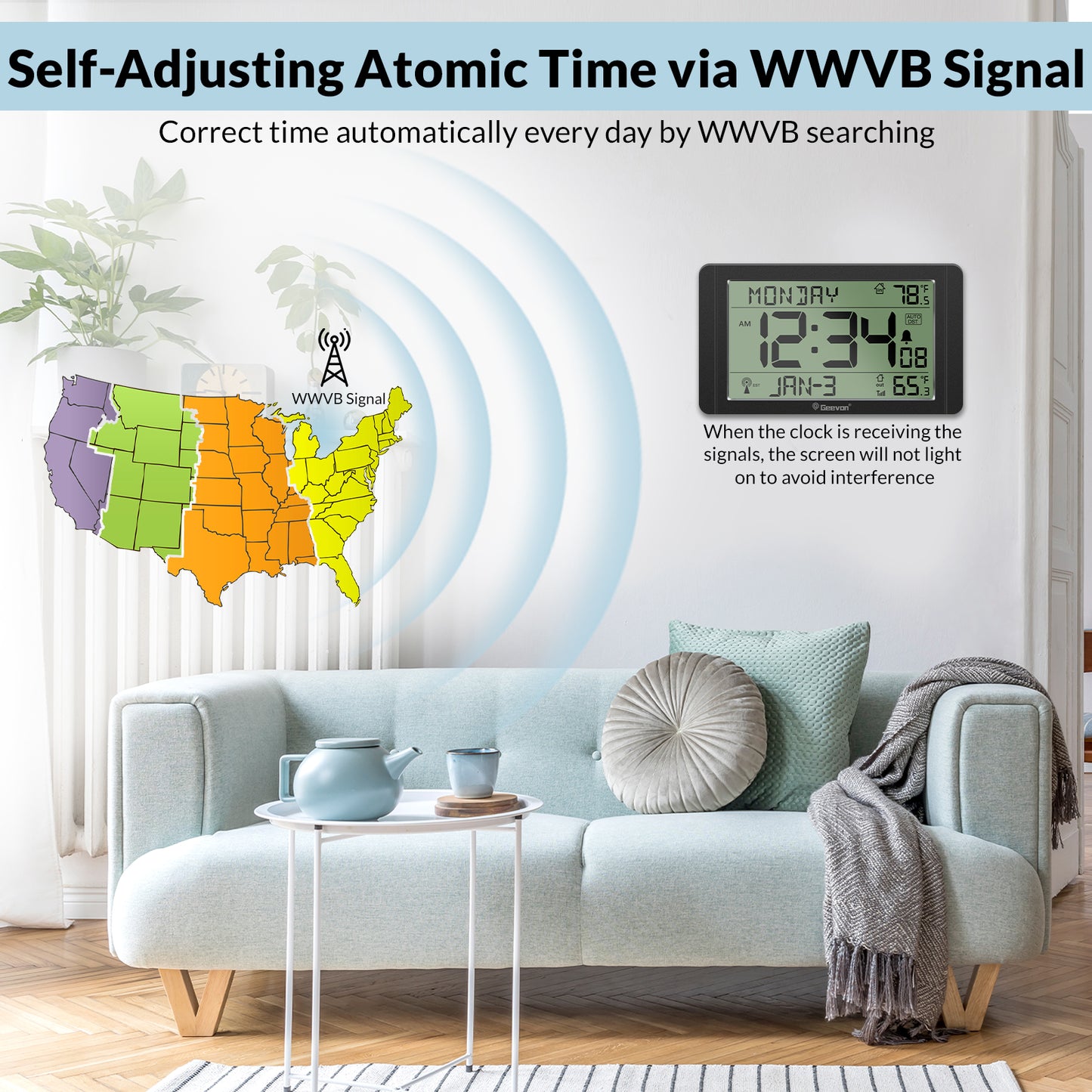 Geevon 10.8'' Atomic Clock with Indoor Outdoor Temperature, Large Display Digital Wall Clock with Wireless Sensor, for Bedroom, Office, Kitchen, Living Room, Easy for Seniors to Read